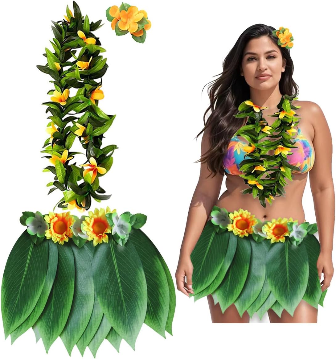 Hawaiian Hula Leaf Skirt with Leis Set Hairclip Outfits for Summer Beach Party, Extra Large Size for Adult (Yellow)