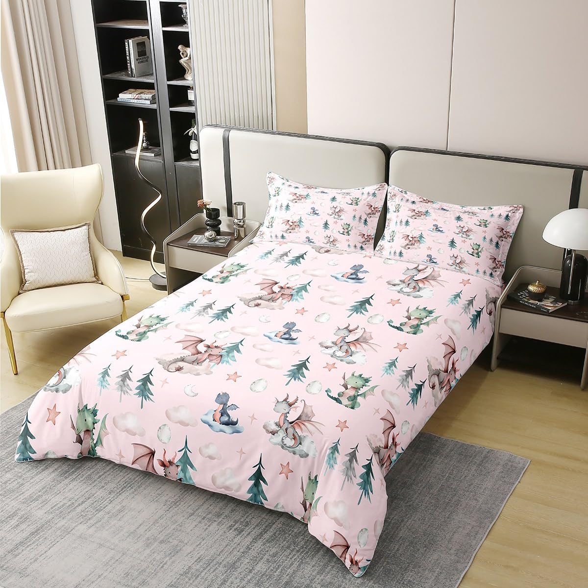 jejeloiu Cute Dragon Duvet Cover 100% Cotton Twin Size Baby Dragon Bedding Set for Boys Girls Kawai Cloudy Comforter Cover Tree Botanical Bedroom Decor 2Pcs Light Pink Zipper with 1 Pillowcases