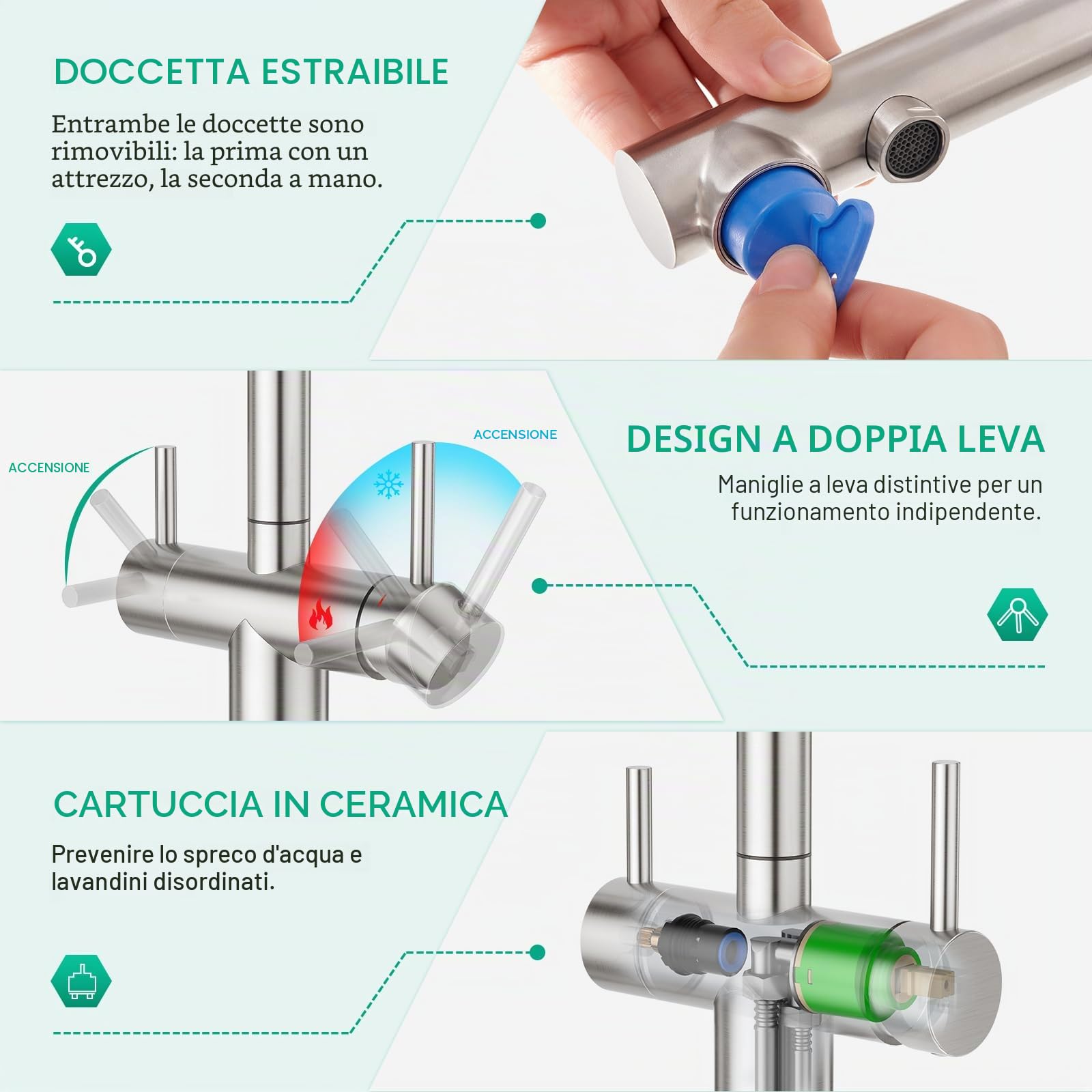 CREA Rubinetto a 3 vie con doccetta estraibile,Rubinetto per acqua potabile miscelatore per lavello girevole a 360°, rubinetto da cucina a doppio manico in acciaio inossidabile ad acqua 3 in 1