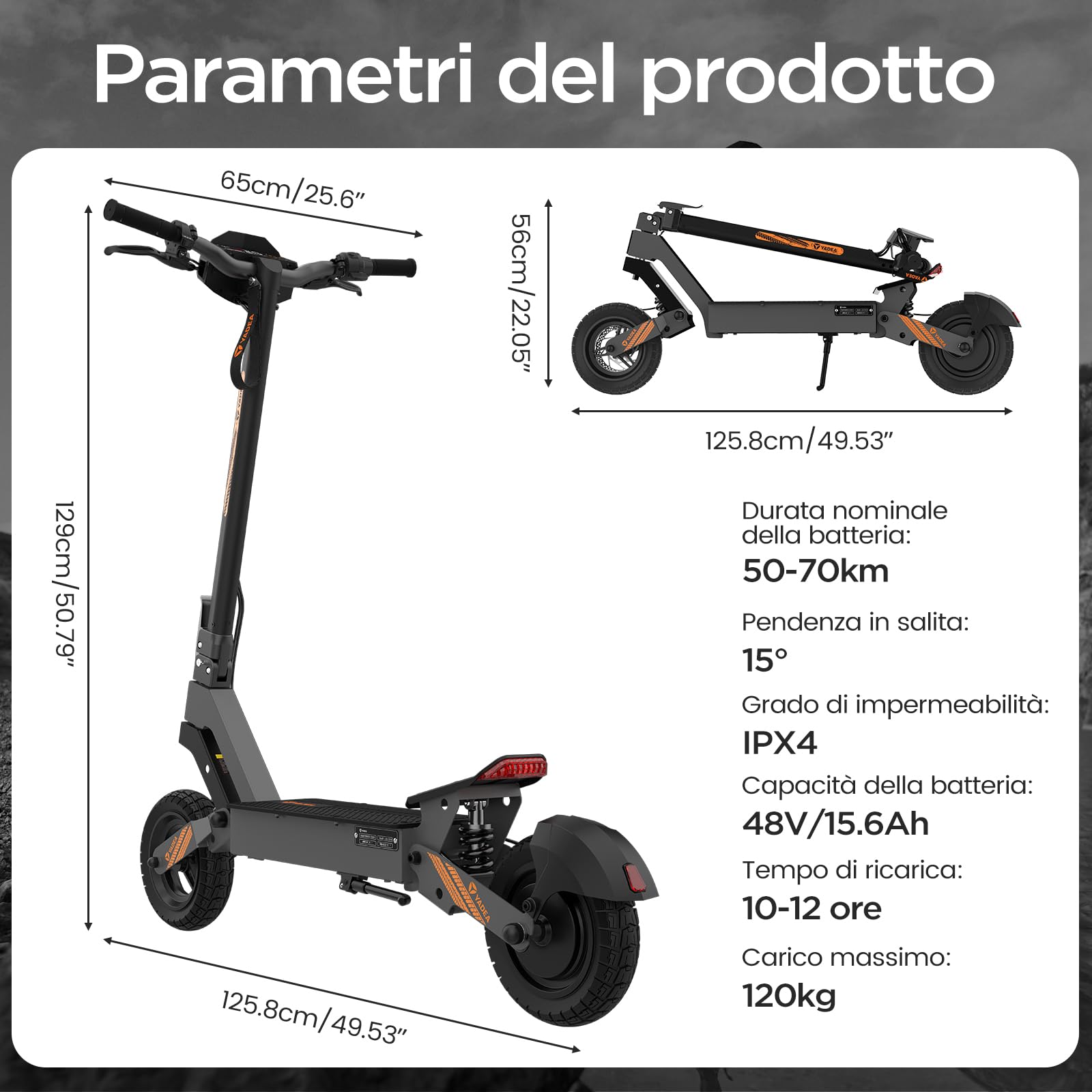 Yadea Monopattino Elettrico per Adulti G10, Autonomia 50-70 km, Batteria 48V/15.6Ah, Motore 800W, Portata Massima fino a 120 kg, Sistema di Frenatura a Doppia Ruota, Monopattino Pieghile Portatile