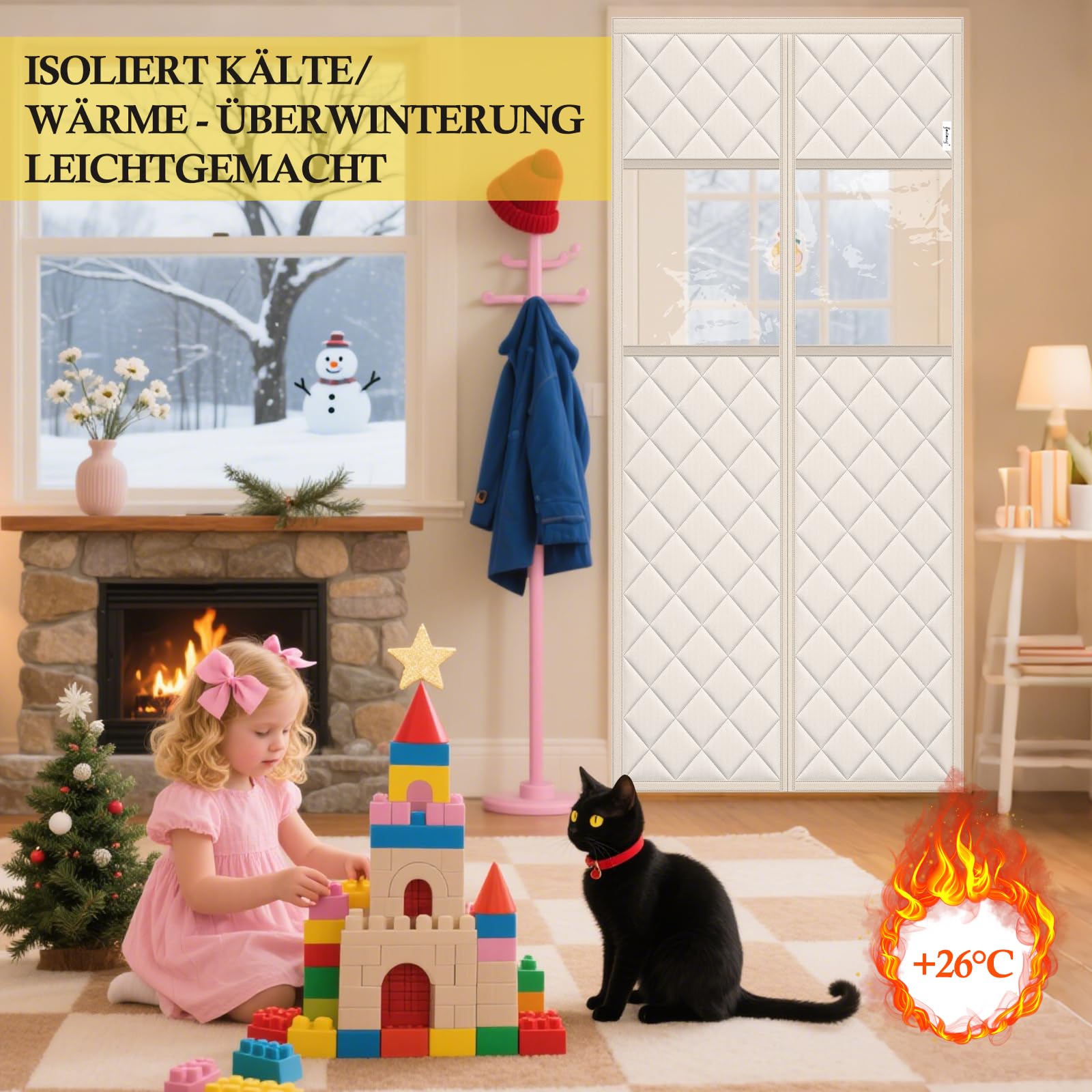 fowong Magnet Wärmeschutzvorhang für Türen 100x220 cm, Thermo Türvorhang langlebiges Oxford-Tuch und Polyesterfaserfüllung, Wetterfest, Winddicht, Schallisoliert, mit klaren Fenstern, Weiß