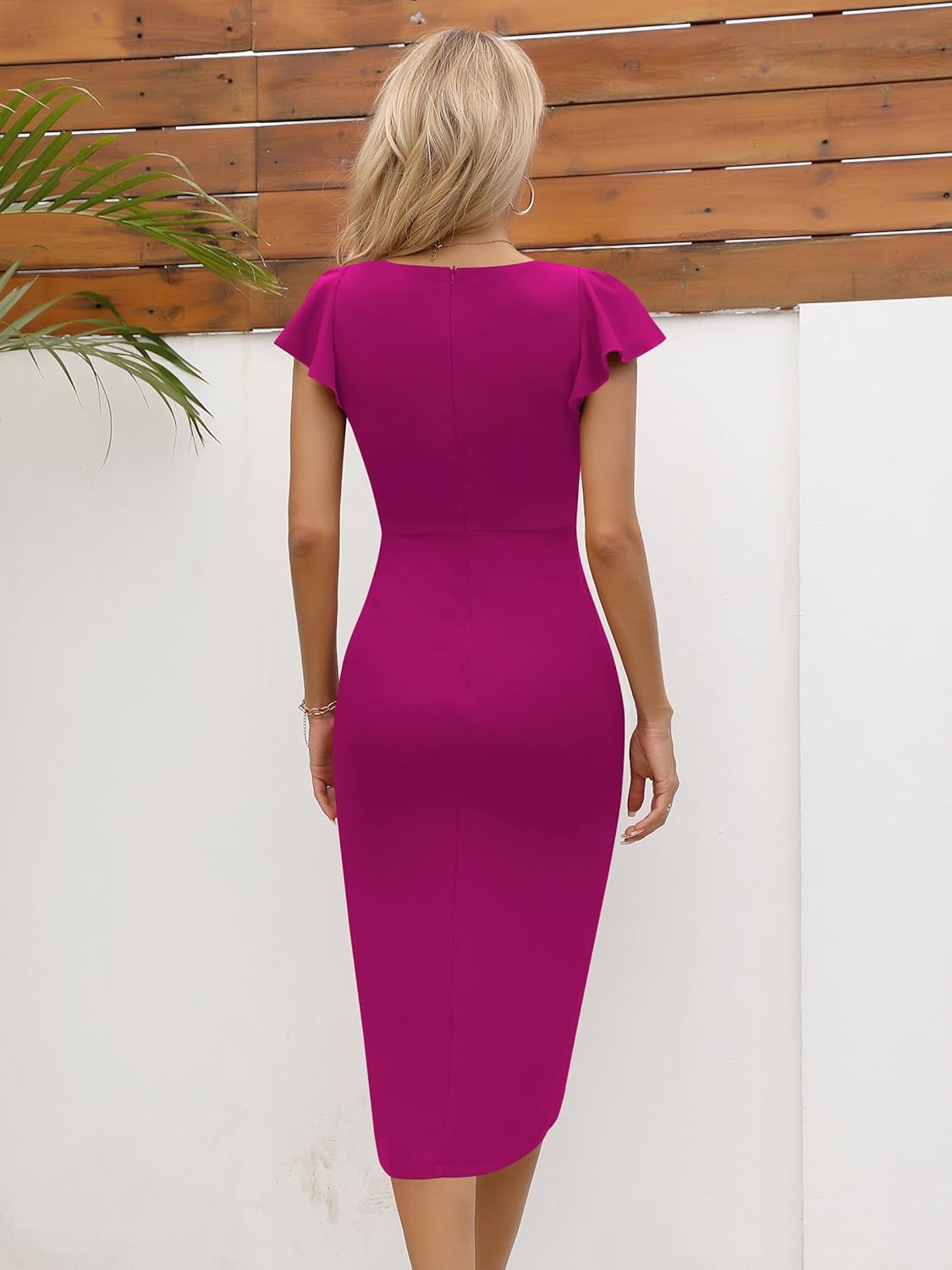 Missufe Women's Ruffle Sleeve Sweetheart Ruched Wrap Bodycon Party Cocktail Midi Dress - Image 4