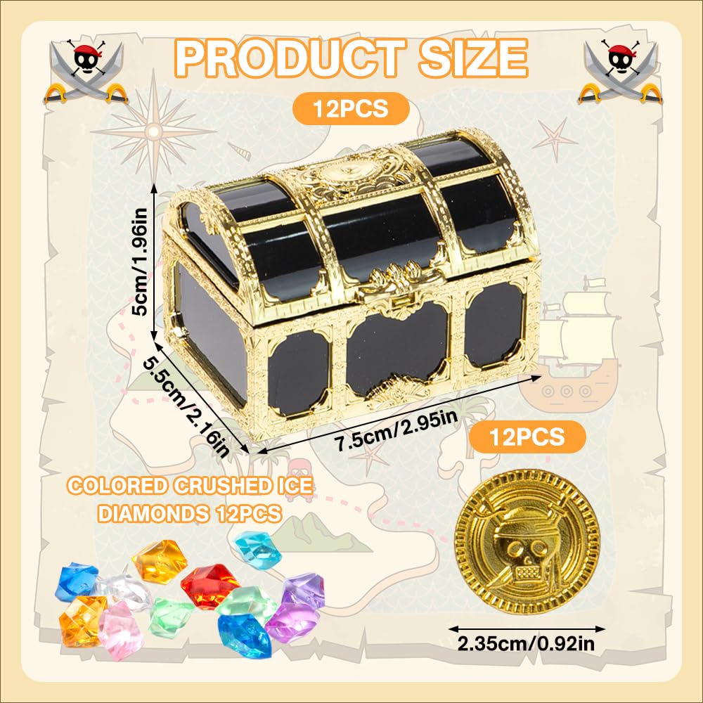 Neikafan 12 Pièces Mini Coffre Trésor Pirate Plastique, 12 Pierres Précieuses et 12 Pièces d'Or de Monnaie Coffre Pirate Petit pour Bonbons et Décoration d'Anniversaire Enfant