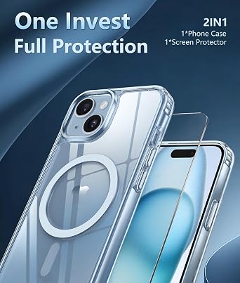 FNTCASE for iPhone 15 Case Clear: iPhone 14/13 Case Magnetic Phone Cases with Screen Protector Compatible with Magsafe Slim Anti Yellowing Rugged Protective Transparent Cell Cover (A-Clear)