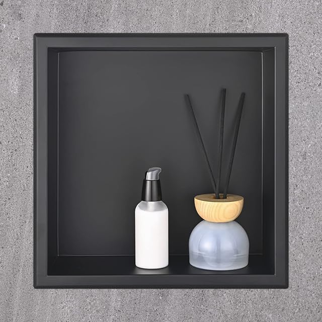 HANFU Shower Niche, Embedded Shower Niche Stainless Steel, Flexible Shower Niche Wall Insert, Single Shelf Shower Storage for Bathroom Shampoo Soap Toiletries Recess 30 x 30 x 10 cm, Black