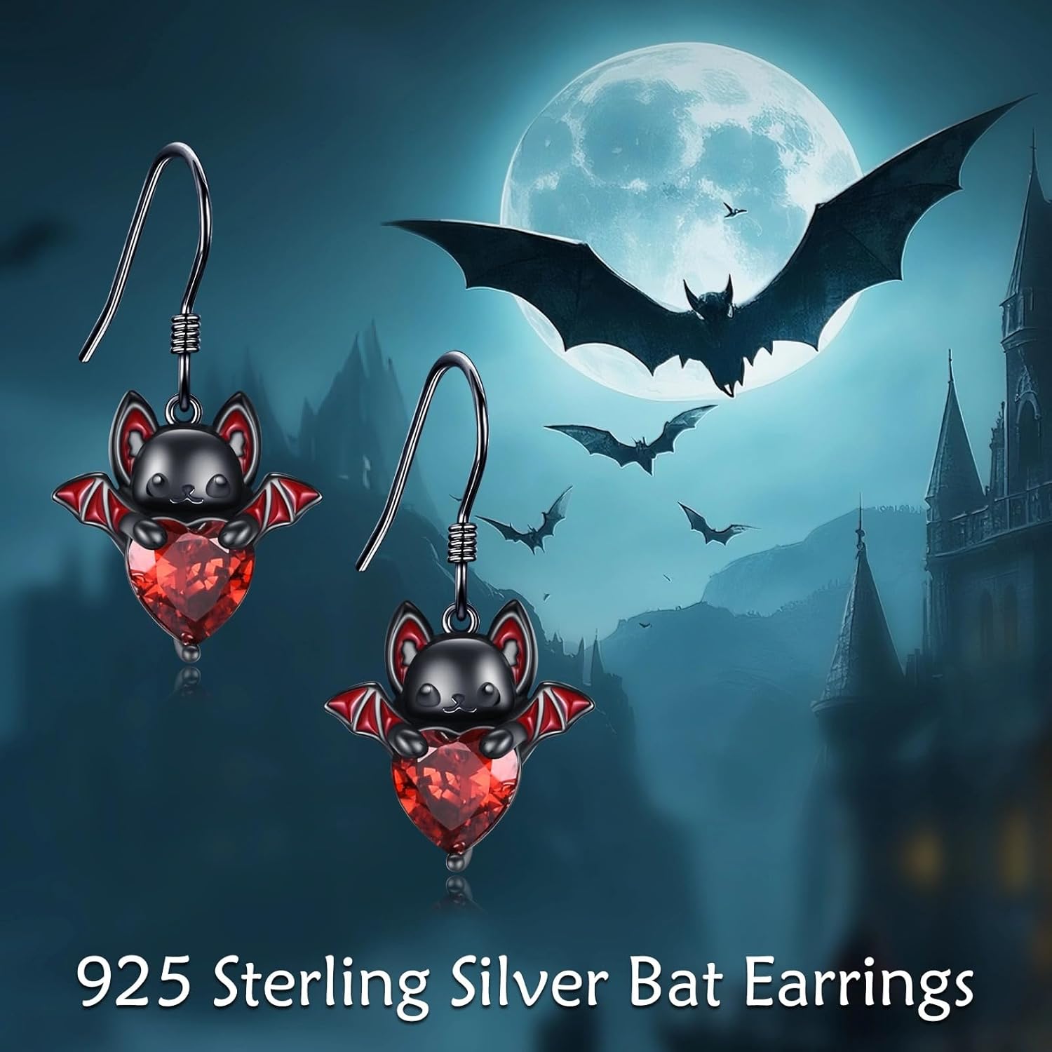 Bat Earrings for Women Sterling Silver Black Bat Dangle Earrings with Red Cubic Zirconia Gothic Halloween Jewelry Gifts for Her - Image 2