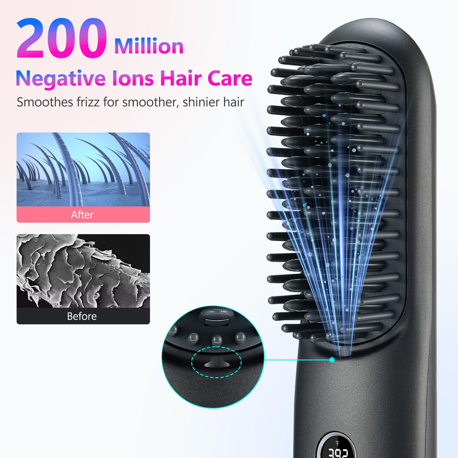 Rizador de pelo inalámbrico con pantalla LCD 2 en 1, mini cepillo portátil para alisar el cabello para viajes, iónico negativo, calentamiento rápido, peine caliente para mujeres, cepillo 5