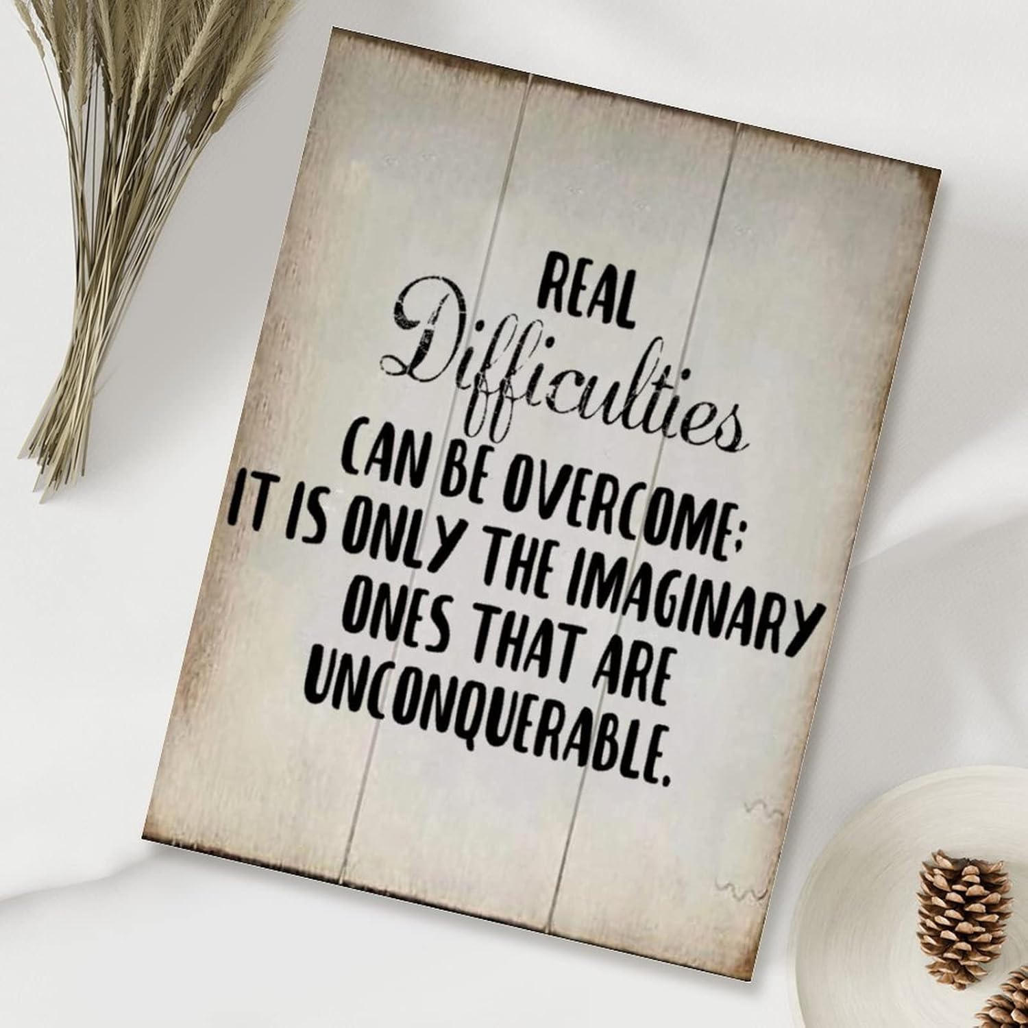 Wall Decor Wood Sign Real Difficulties Can Be Overcome Sign Inspirational Quotes Scripture Wood Wall Plaques Rustic Wood Sign for Living Room Bedroom 18x24in New Home Gift to Friend