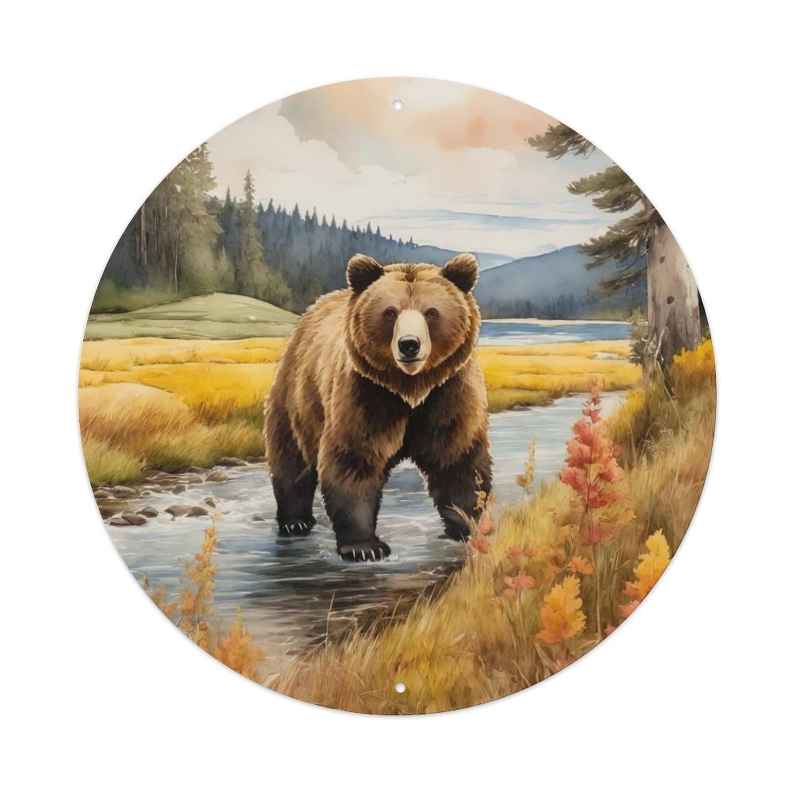 Animals Artwork Brown Bear in The Creek Vintage Metal Tin Sign Plaque Wall Decor for Cafe, Club Bar, Office, Garden Metal Poster 8x8Inch