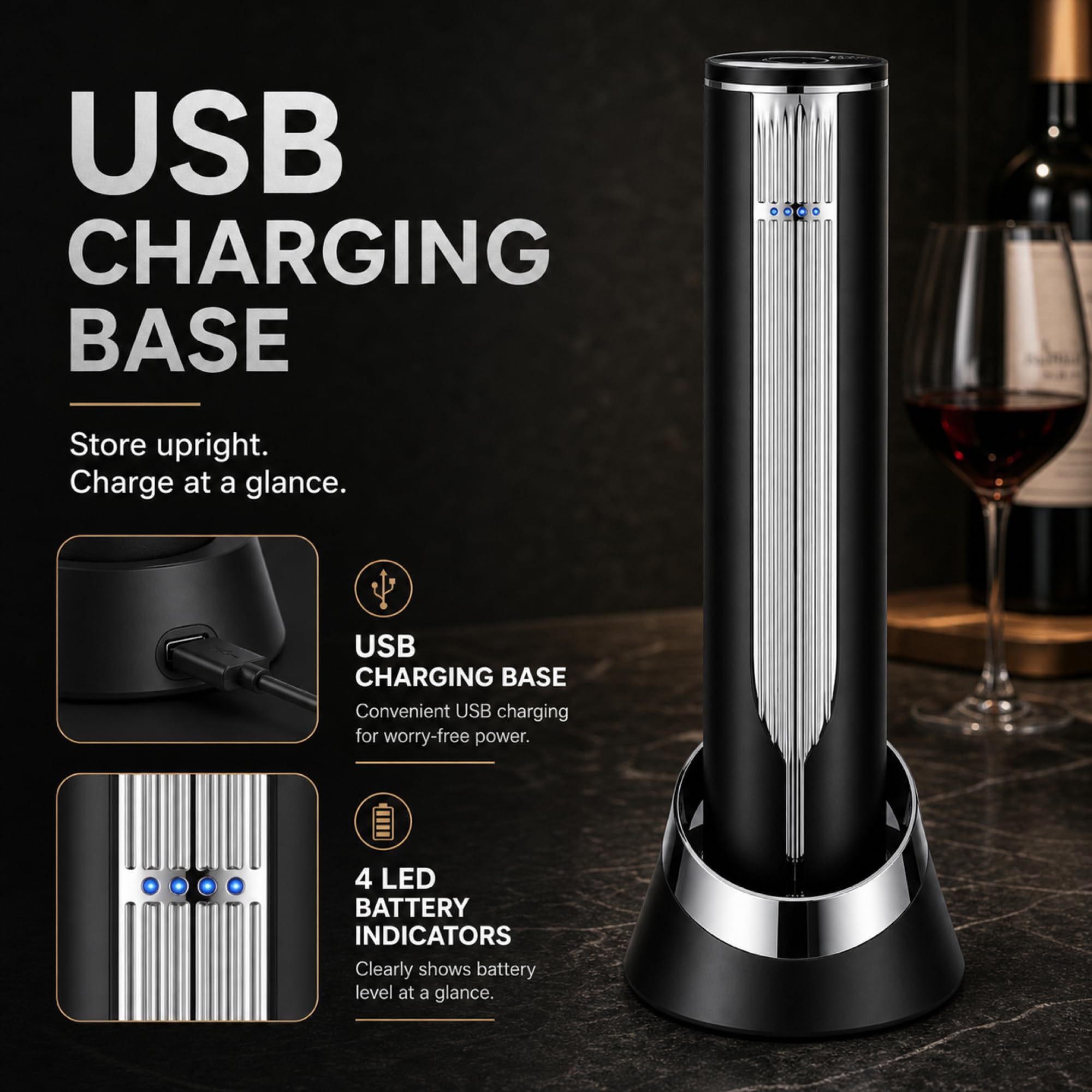 BLUBYEES Abridor eléctrico de botellas de vino de lujo con base de carga y cortador de papel de aluminio integrado, sacacorchos automático recargable para quitar el corcho sin esfuerzo, regalos