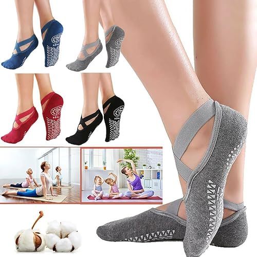 Miniatura 4 de JFang - 4 pares de calcetines de yoga para mujer, antideslizantes, con correas, calcetines de ballet para yoga, pilates, ballet, baile de barre