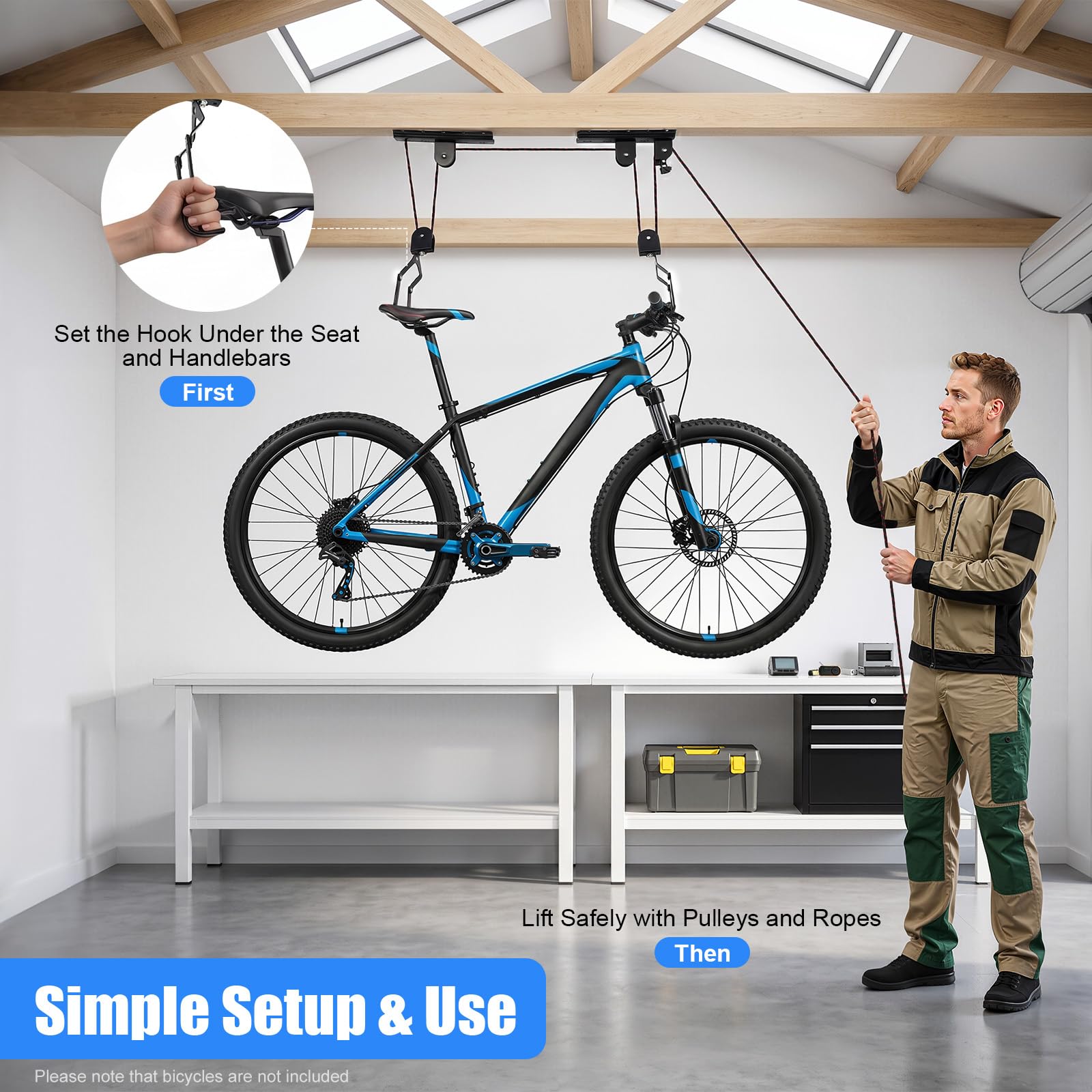 Sollevatore da soffitto per bicicletta da montare al soffitto, gancio universale per mountain bike, robusto supporto per bicicletta con sistema a fune, per riporre e riporre in modo salvaspazio e da