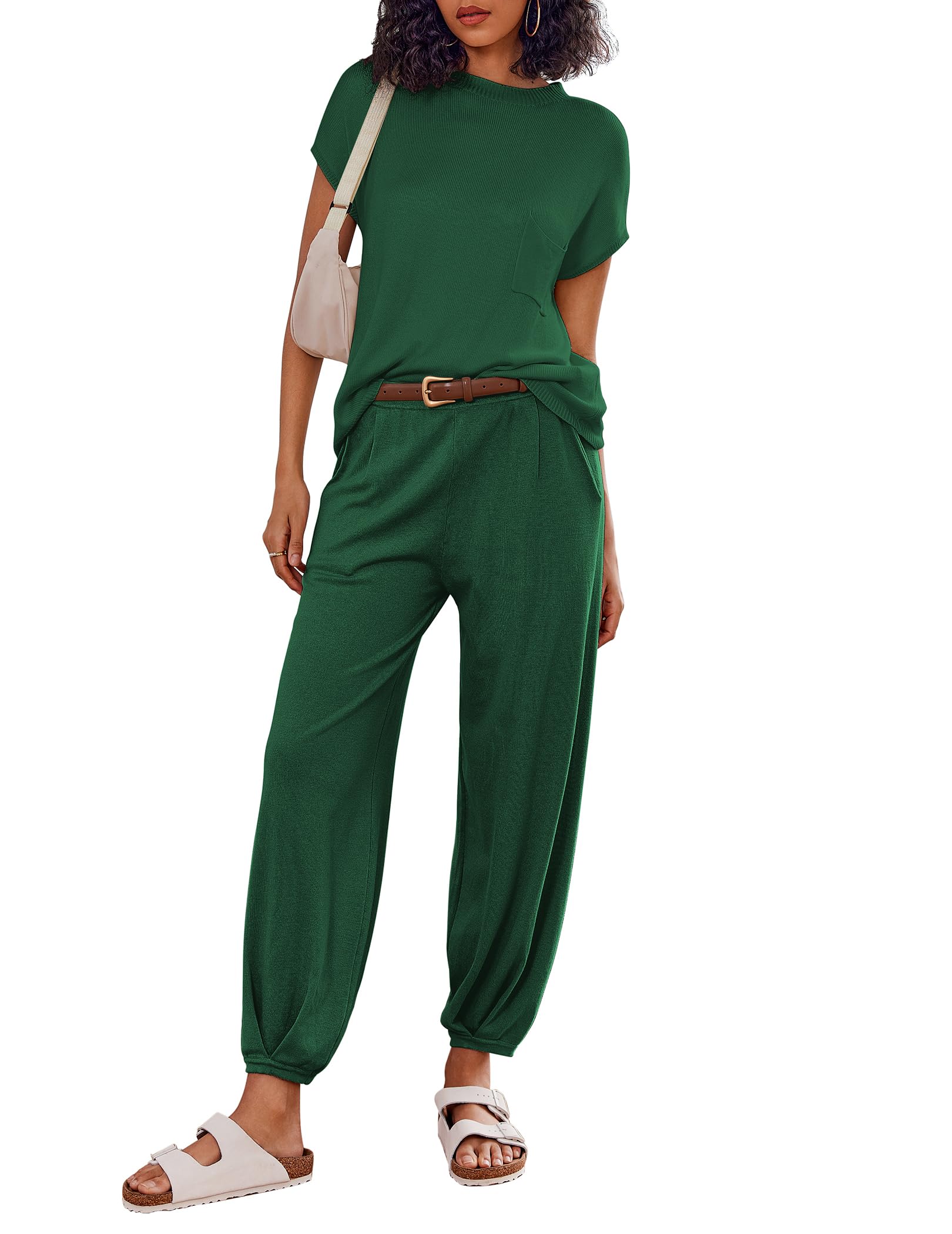 Ekouaer Two Piece Outfits Lounge Sets for Women Sweater Sets Knit Short Sleeve Tops Jogger Pants Matching Tracksuit