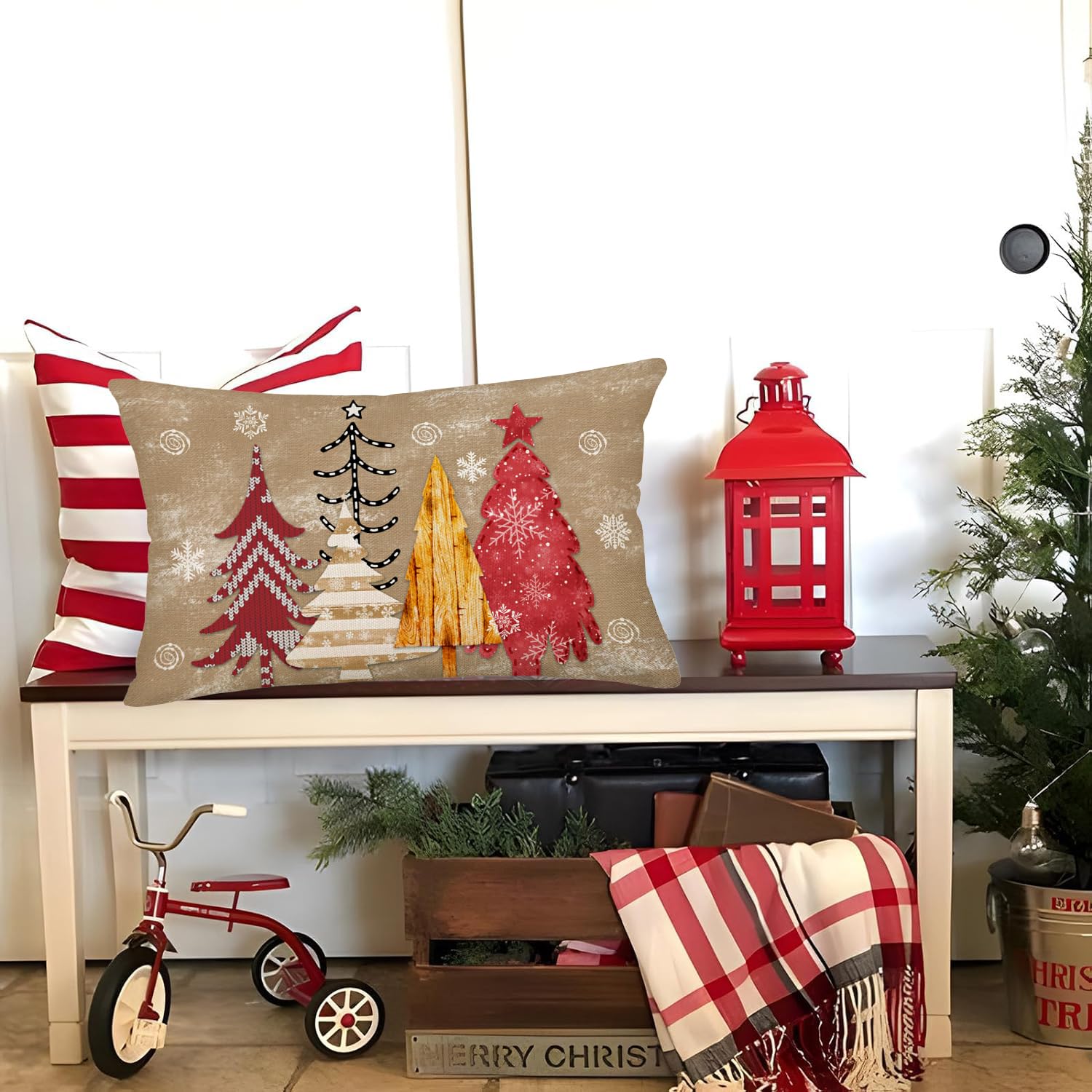 Weihnachts-Kissenbezug 30,5x50,8 Cm – Motiv Frohe Weihnachten Mit Tannenbaum & Schneeflocken, Waschbar, Mit Verstecktem Reißverschluss