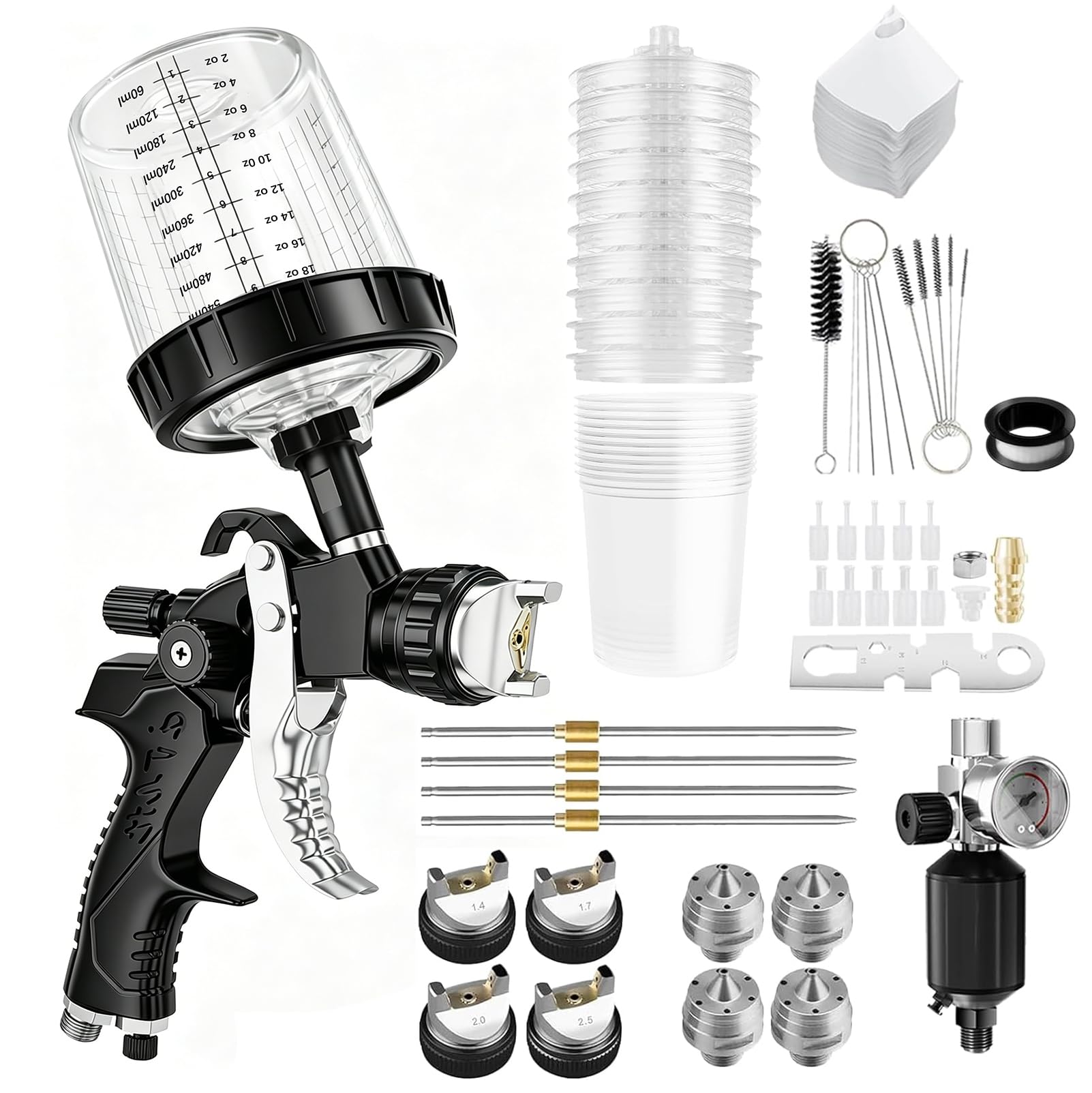 Kit Pistola a Spruzzo HVLP per Verniciatura, con Ugelli da 1,4/1,7/2,0/2,5 mm e Regolatore di Pressione Dell'aria, 10 Serbatoi Monouso da 600 ml, Sistema di Verniciatura Professionale