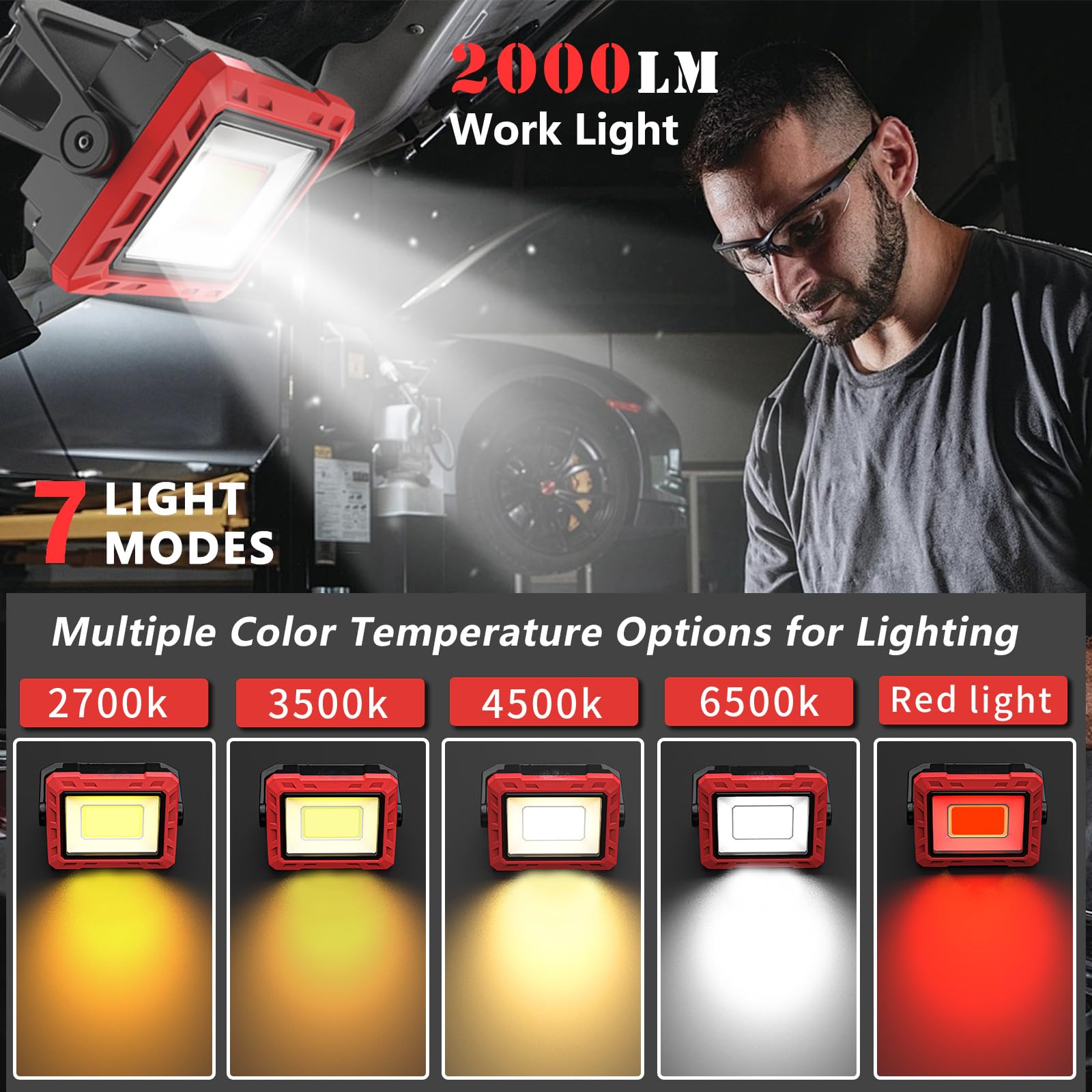 Lampe LED de travail, 2000 lumens, super lumineuse, inspection batterie, pied magnétique rotation 360°, garage atelier (1 Pièce)