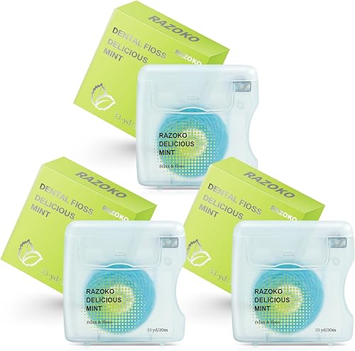 RAZOKO Hilo dental tejido con infusión de aceite de coco, vegano y libre de crueldad, suministro de menta para 6 meses (33 yardas x 3 unidades)