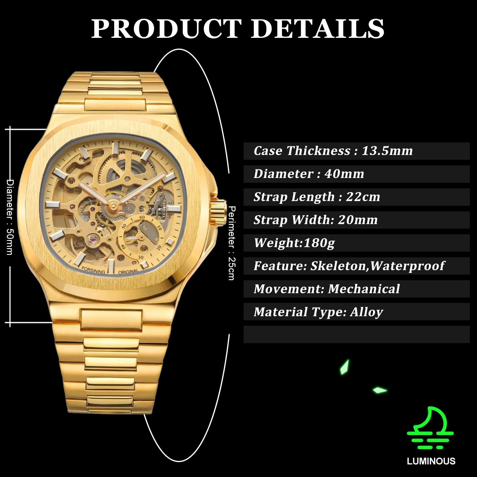 Quadratische, runde Form, ausgehöhltes Skelett, automatische mechanische Herrenuhr, Edelstahl, wasserdicht, leuchtend, luxuriös, Business-Uhren