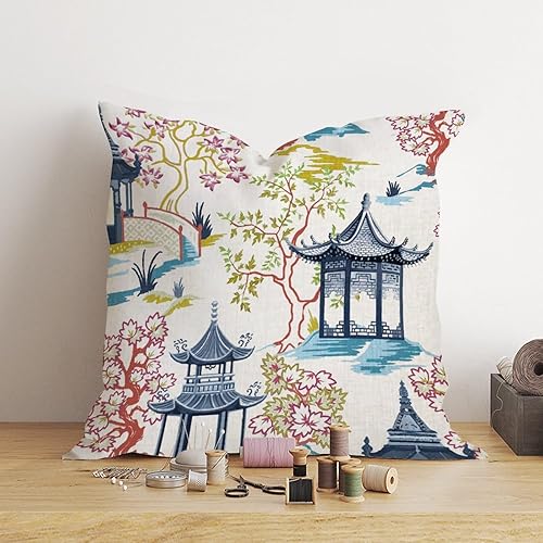 Vista 253 de ArogGeld Chinoiserie - Fundas de almohada escénicas asiáticas, estilo asiático, funda de almohada azul y verde Kelly, funda de cojín para decoración