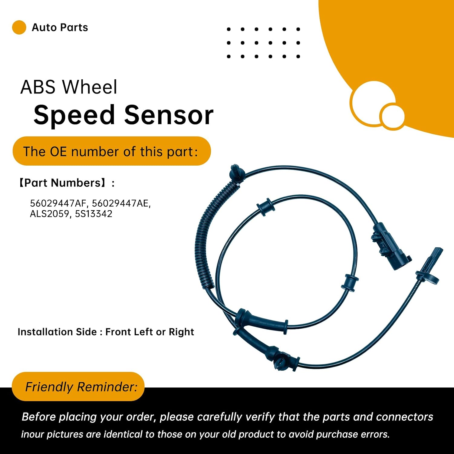 56029447AF Front Left/Right ABS Wheel Speed Sensor Compatible with Jeep Grand Cherokee 2011-2015, Dodge Durango 2011-2015 (3.0L-6.4L V6/V8) – Replaces 56029447AE, ALS2059