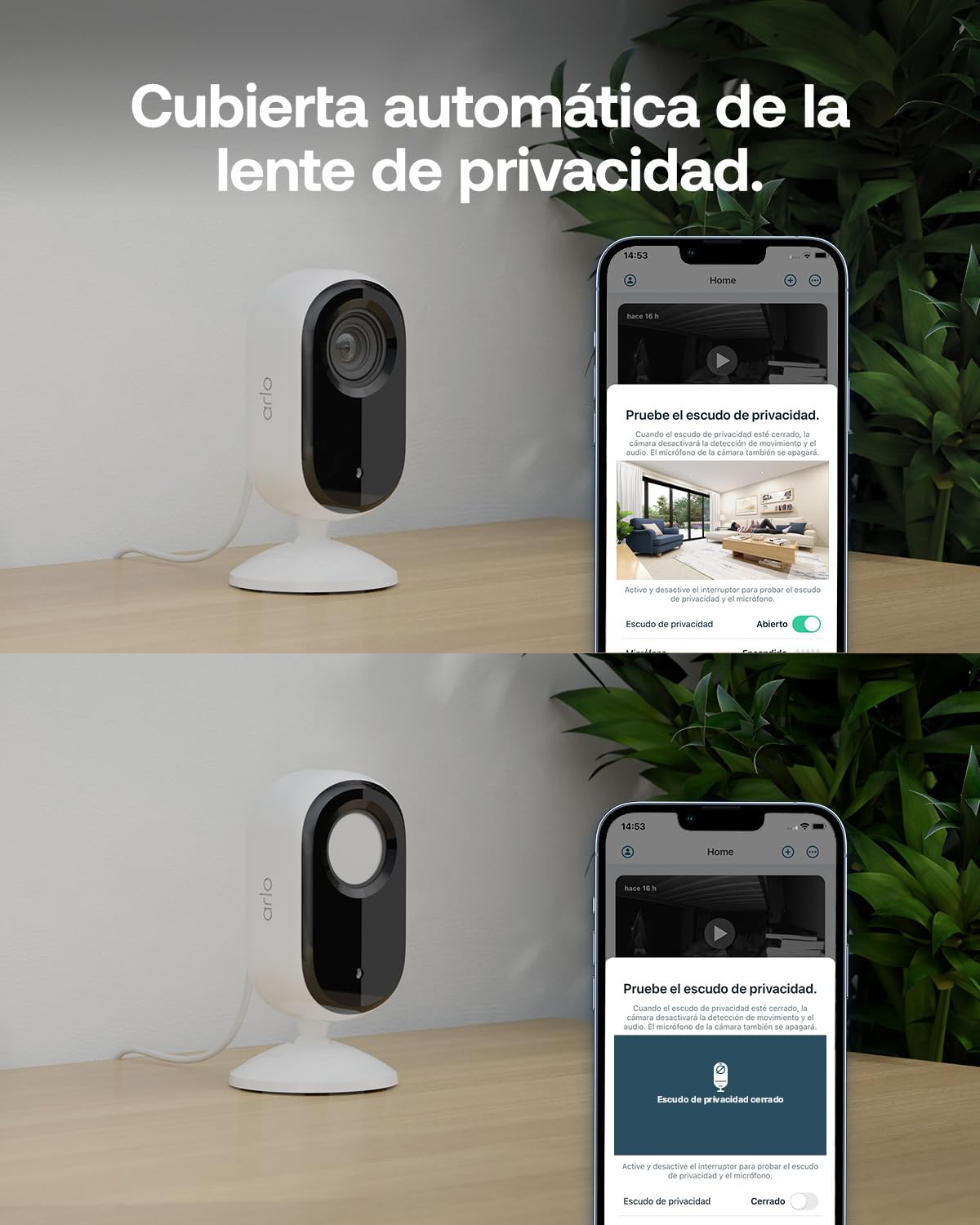 Arlo Essential 3 Indoor Camara Vigilancia Bebe/Mascotas HD, Sensor de Movimiento, Alarmas para Casa, Visión Nocturna, Prueba Secure Incluida, con Cubierta de Lente automática, 2 Cámaras, Blancas