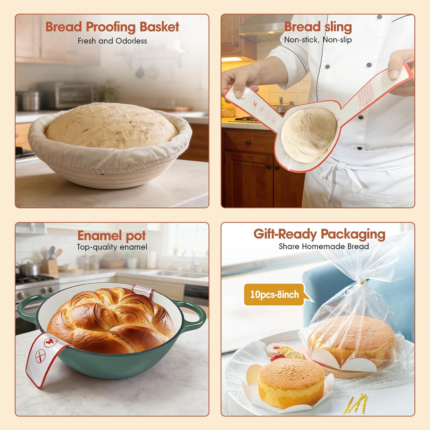 5QT Enameled Cast Iron Dutch Oven for Bread & Multi-Cooking – Complete Sourdough Starter Kit with Lid ,Probe Thermometer, Proofing Basket, Silicone Sling & Gift Packaging Bags,Oven Safe up to 500°F(Green)