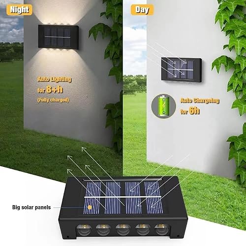 Miniatura 3 de ASLIDECOR 10 luces LED solares de pared hacia arriba, paquete de 4 lámparas iluminadas con sensor de luz solar al aire libre, IP65, impermeable,