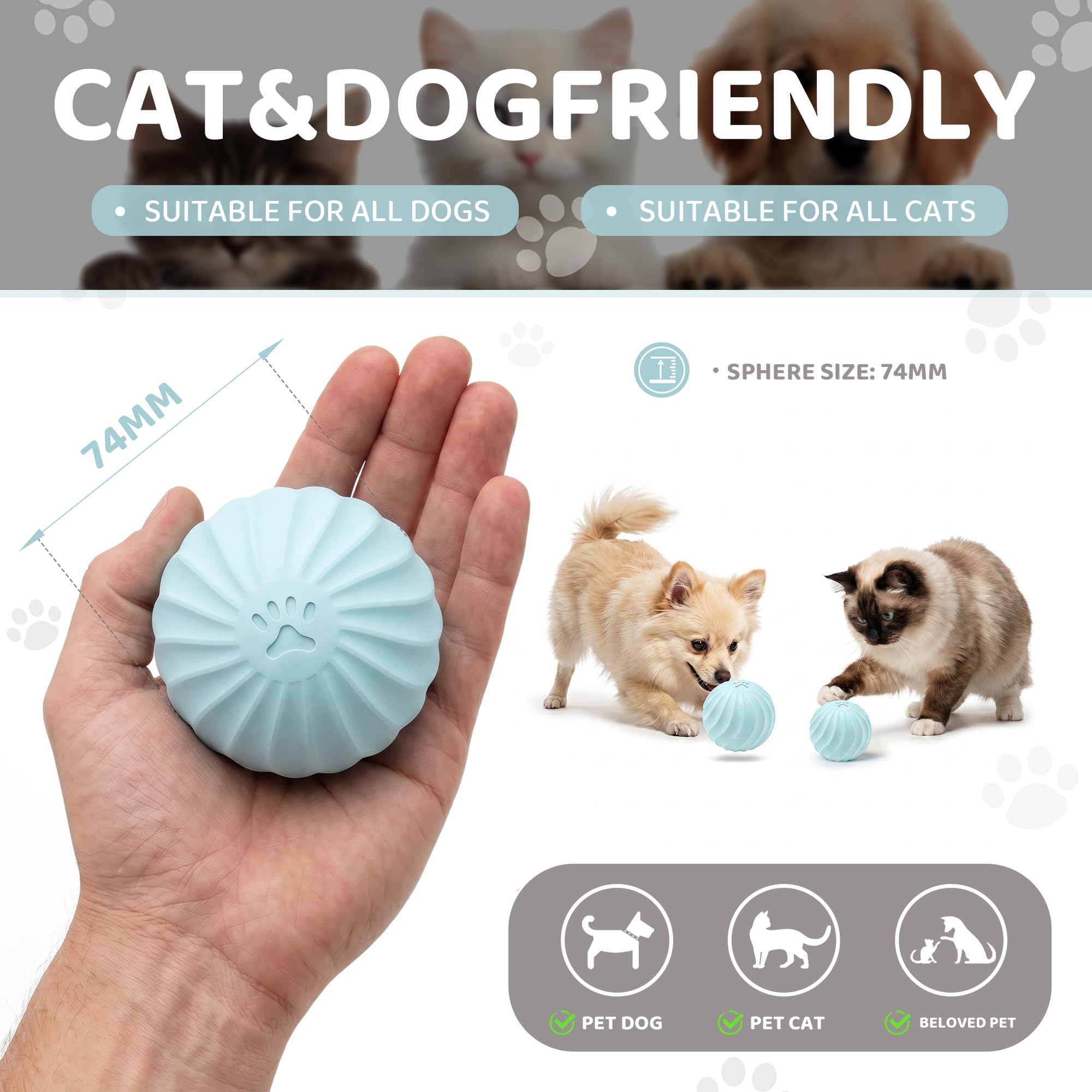 Jouet interactif pour chien et chat - Balle électrique avec activation tactile - 2 modes - Étanchéité IPX67 - Coque résistante aux morsures - Rechargeable USB-C - Jouet intelligent - 74 mm