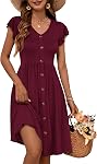 AUSELILY Summer Dress for Women Ruffle Sleeve Midi Sundress with Pockets | Two Side Pockets,Decoration Buttons,Elastic Waist,A-Line Dress,Office,Vacation,Travel