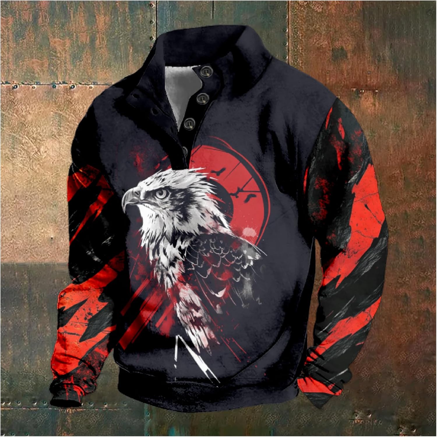 Mens Hoodies Pullover Westren Cowboy Print Aztec Ethnic Graphic Fashion Button Collared Long Sleeve Sweatshirt - Image 2