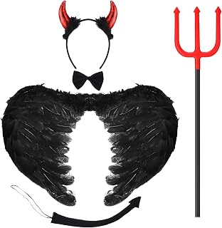 5 Pcs Halloween Devil Costume Set Demon Bow Tie Devil Tail Devil Wings Devil Pitchfork Devil Horn Headband for Carnival Cosplay Prop Decoration Accessories