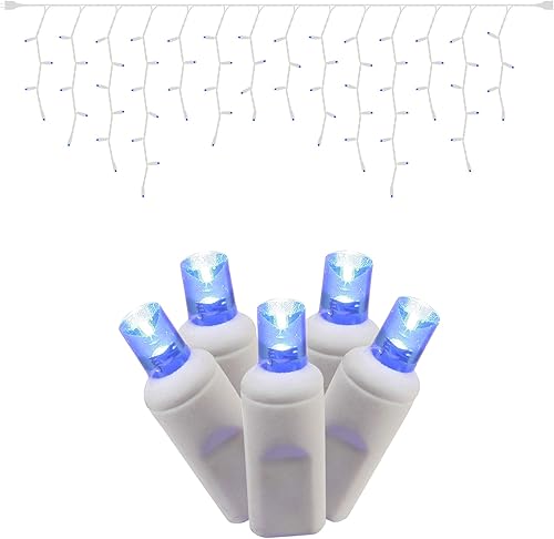 Vista 14 de Vickerman Juego de 70 luces LED de carámbano de gran angular azul claro y blanco cálido en cable blanco