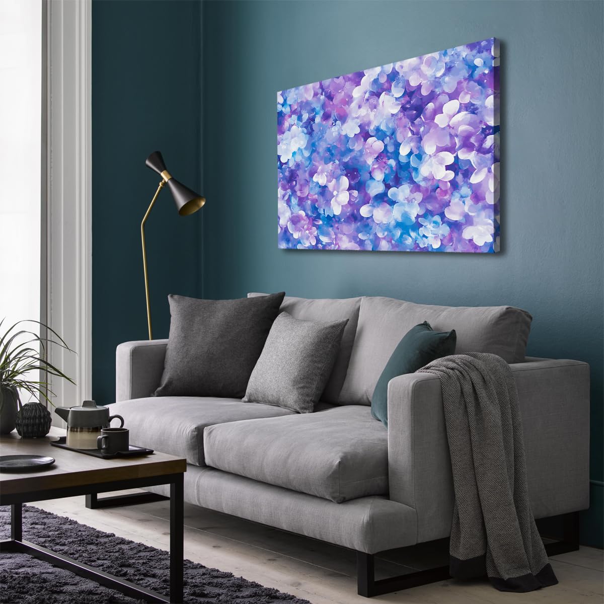 SHENGPOSTER Niebieski fioletowy bokeh abstrakcyjna sztuka ścienna marzycielski opalizujący styl druk na płótnie do salonu sypialni pokoju gier salon paznokci dekoracja ścienna 55 x 70 cm rama
