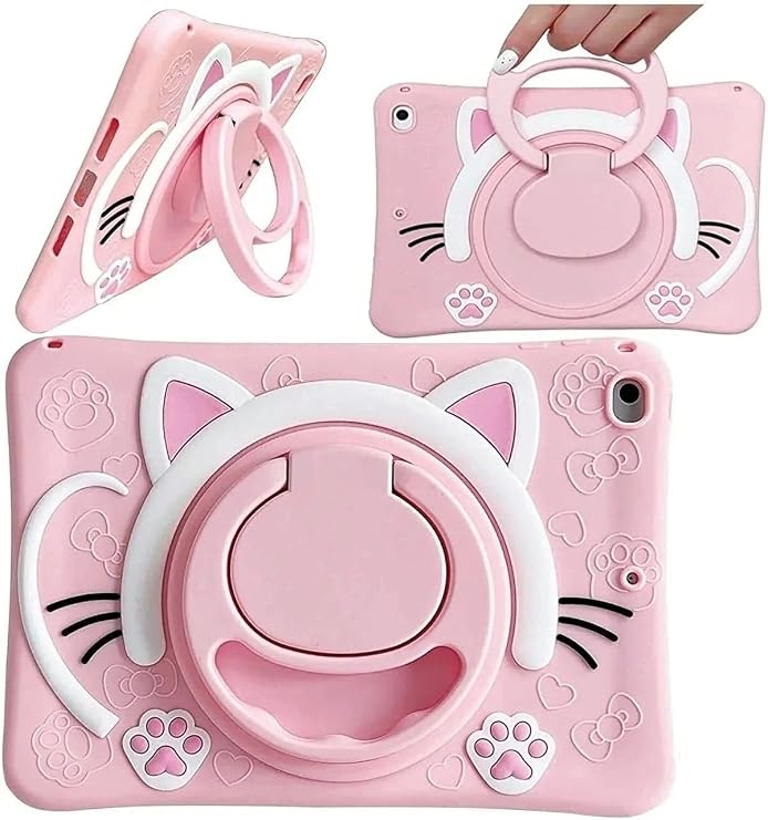 Apple Ipad 8. Ve 9. Nesil 10.2 İnç Ile Uyumlu Kedi Kılıf, Standlı Askılı, Pembe, 3'lü Set