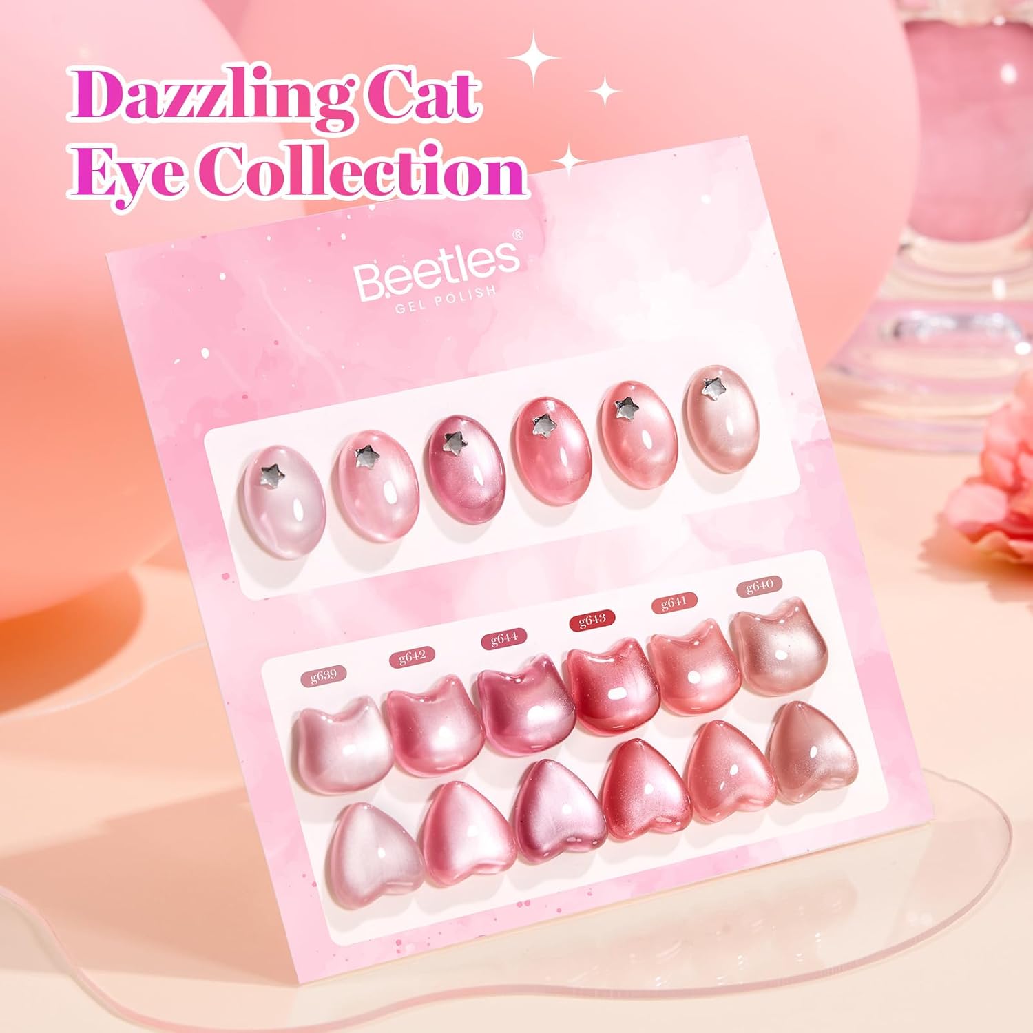 Beetles Misty Blush Glow Pink Cat Eye Gel Nail Polish Set - 6 Colors 15ML Full Size Glitter Pink Spring Cat Eye Gel Polish Kit Magnetic Effect Soak Off UV Nail Art DIY Manicure Gift for Women