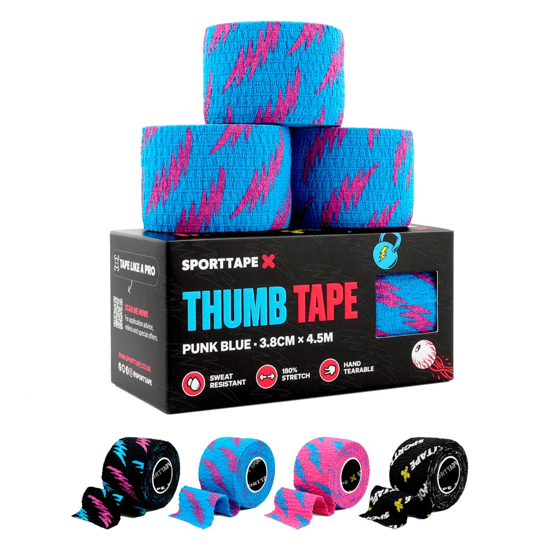 SPORTTAPE 3 Rolls Weightlifting Thumb Tape - Blue | Weightlifting Tape for Hook Grip, Olympic Lifting & Powerlifting with Sweatproof Adhesive | Easy Tear and Increases Bar Grip - 3.8cm x 4.5m