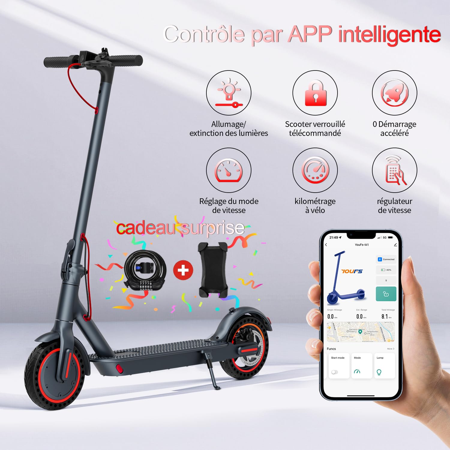 QnQ Monopattino elettrico, Monopattino elettrico da 8,5", Autonomia 25-30 km, Pneumatici a Nido d'ape Antipuntura, Controllo tramite APP e Display LED, Batteria 36V 7.8Ah, Motore 500W, Porta
