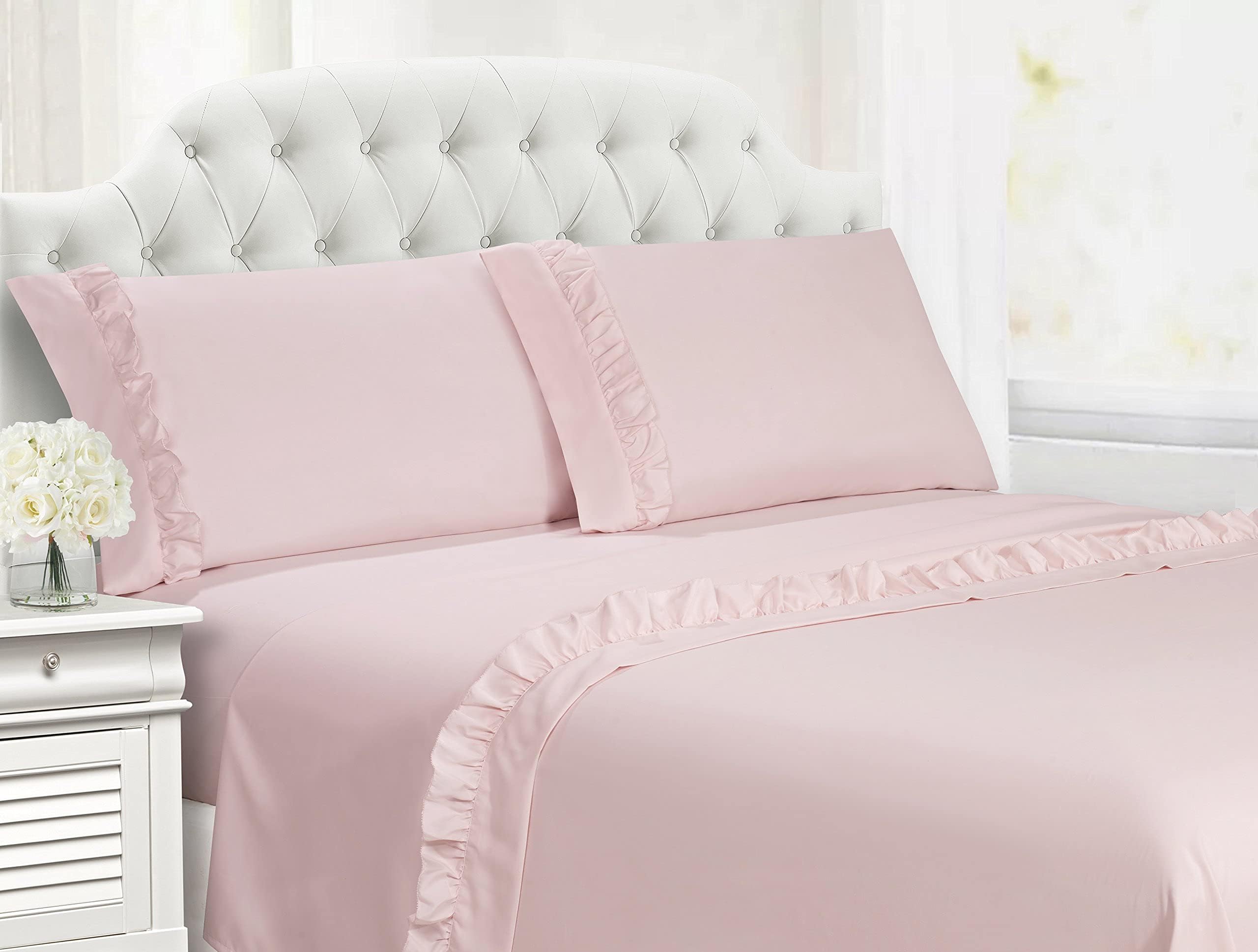 Swift HomeUltra-Soft Elegant 2-inch Ruffled Hem Design on Flat Sheet and Pillowcases, Wrinkle Resistant, Fade Resistant, Deep Pocket, Double Brushed 3-Piece Microfiber Sheet Set - Twin, Rose Blush