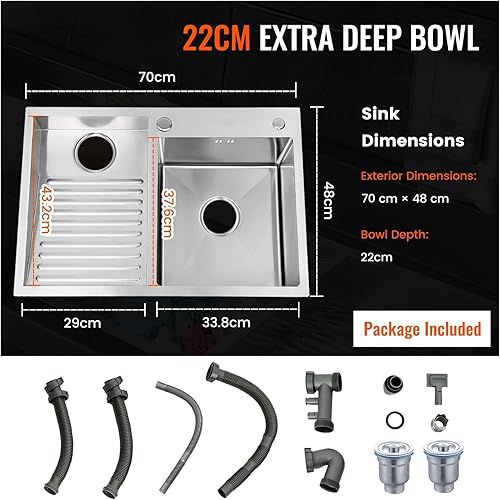 Miniatura 7 de Fregadero de lavandería de acero inoxidable con tabla de lavado integrada, bañera para lavar a mano con panel grueso, fregadero de lavandería con