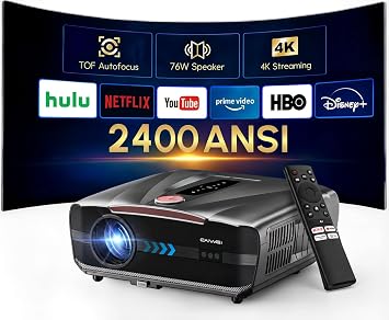 4K Smart Projector with Auto Lens Cap, 2400 ANSI Premium Home Cinema | HDR10 Native 1080P Projector with ToF Auto Focus, WiFi 6, HDMI eARC, DTS Audio & 76W Speakers for Gaming and Movies