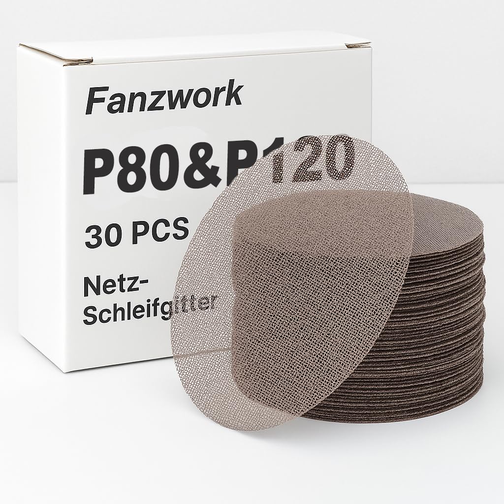 FANZWORK Lot de 30 Disques Abrasifs en Maille Ø 150 mm (15 x Grain 80, 15 x Grain 120) – Compatibles avec Toutes les Ponceuses Excentriques Ø 150 mm.