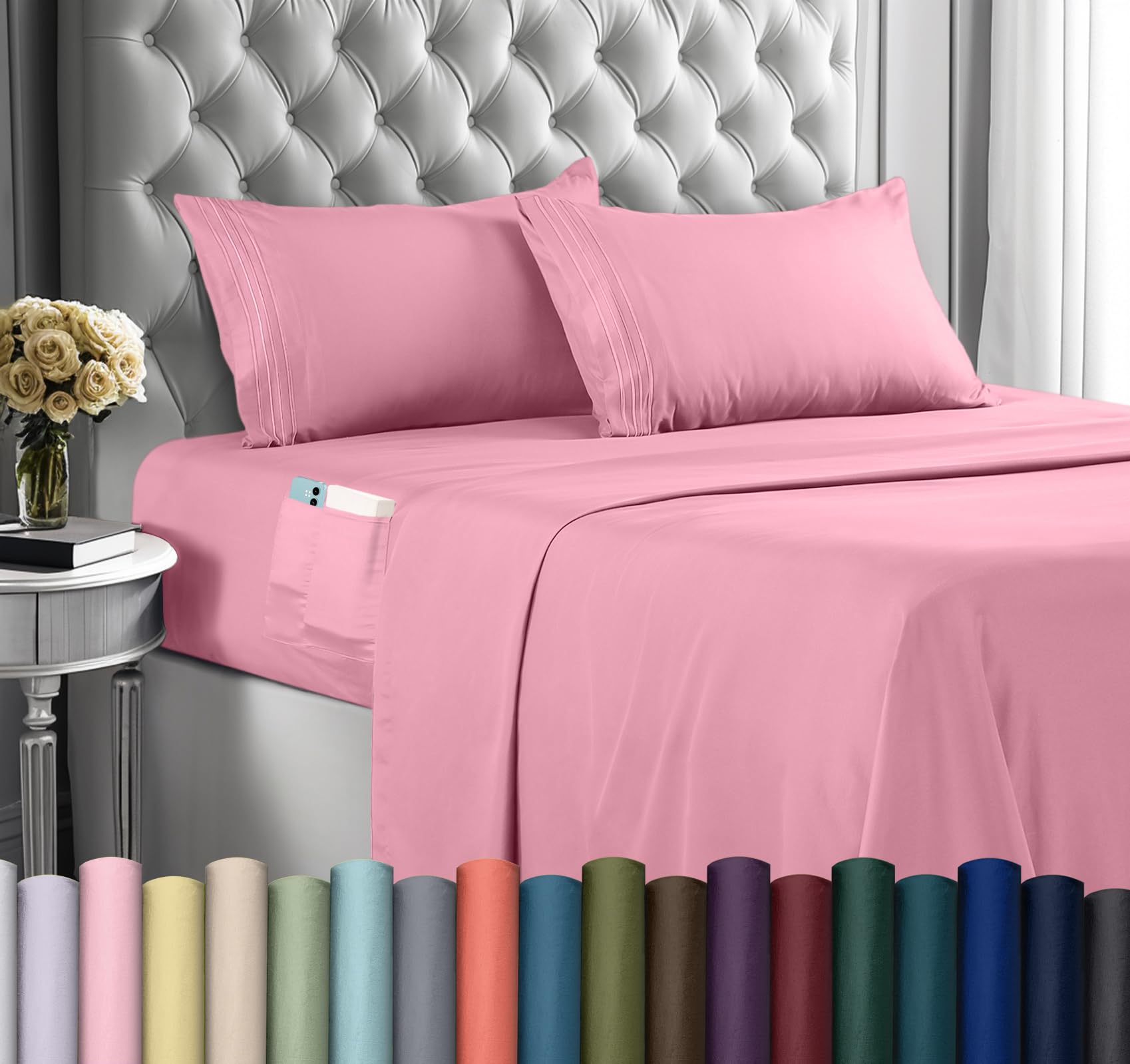 Bedding Queen Sheet Set, Soft Microfiber 4 Piece Hotel Luxury Bed Sheets for Women, Men, Kids & Teens with Side Storage Deep Pocket Fitted Sheet - Pillow Cases - Flat Sheet (Pink)