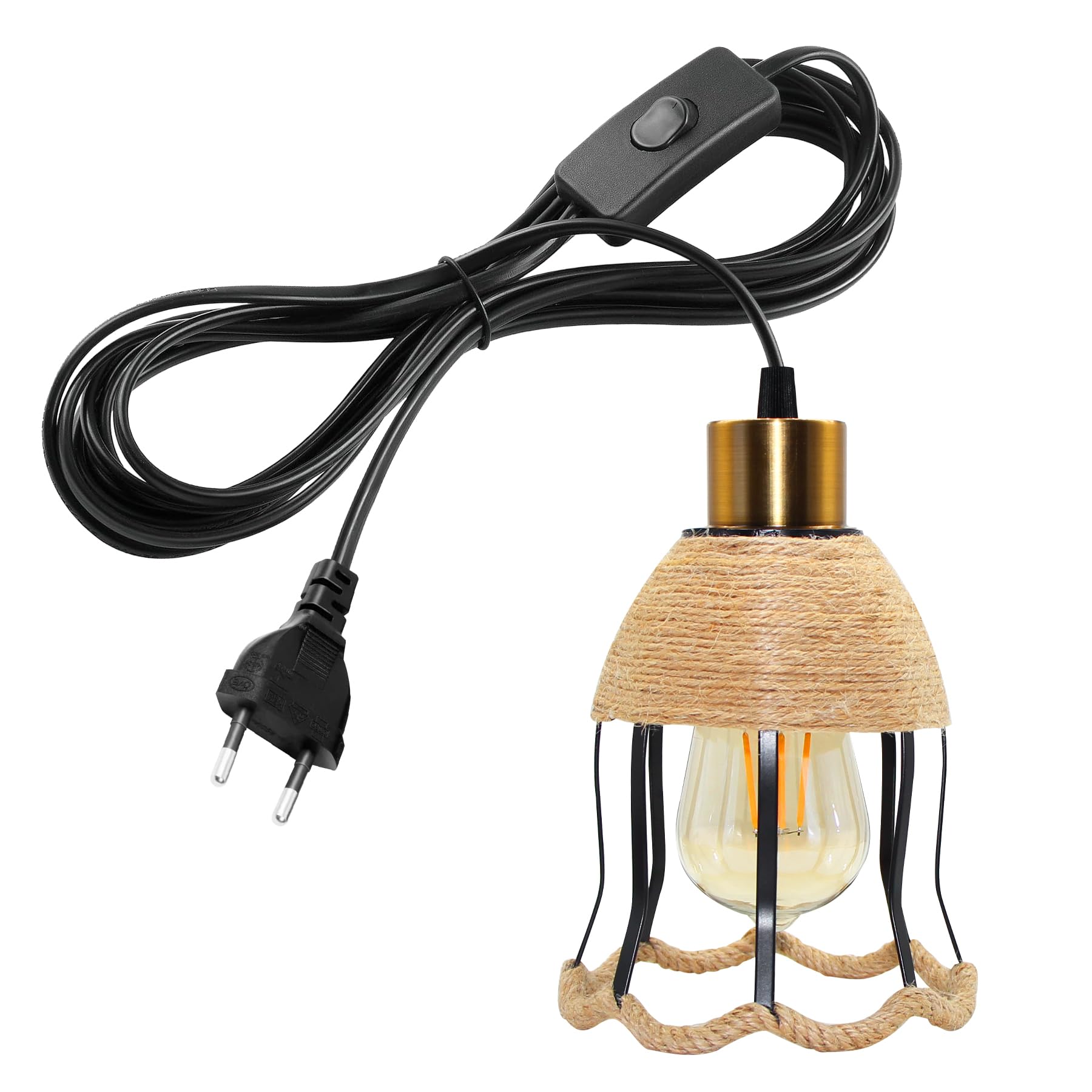 Lampada A Sospensione Vintage Con Dimmer - Paralume In Corda Di Canapa, Cavo 4.5M, Include Lampadina LED - Foto 4