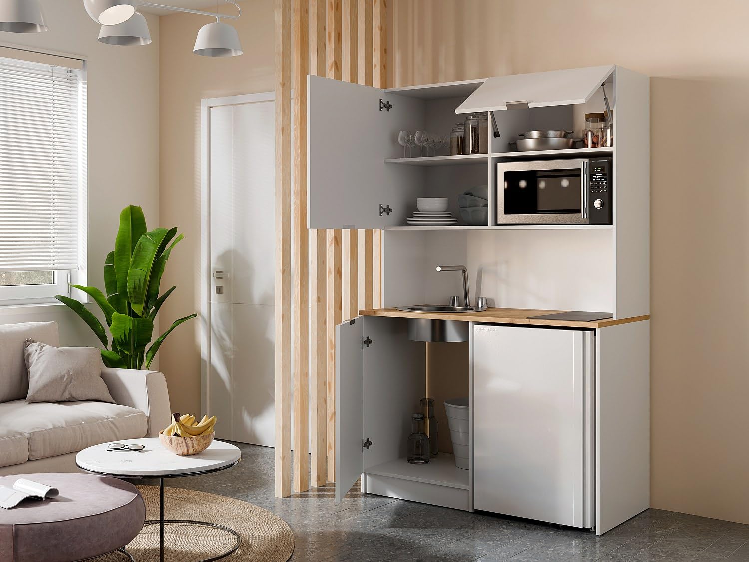 Vente-unique-Cucina multifunzionale e lavanderia Con piano di lavoro 120 cm Bianco e le - CARMEO