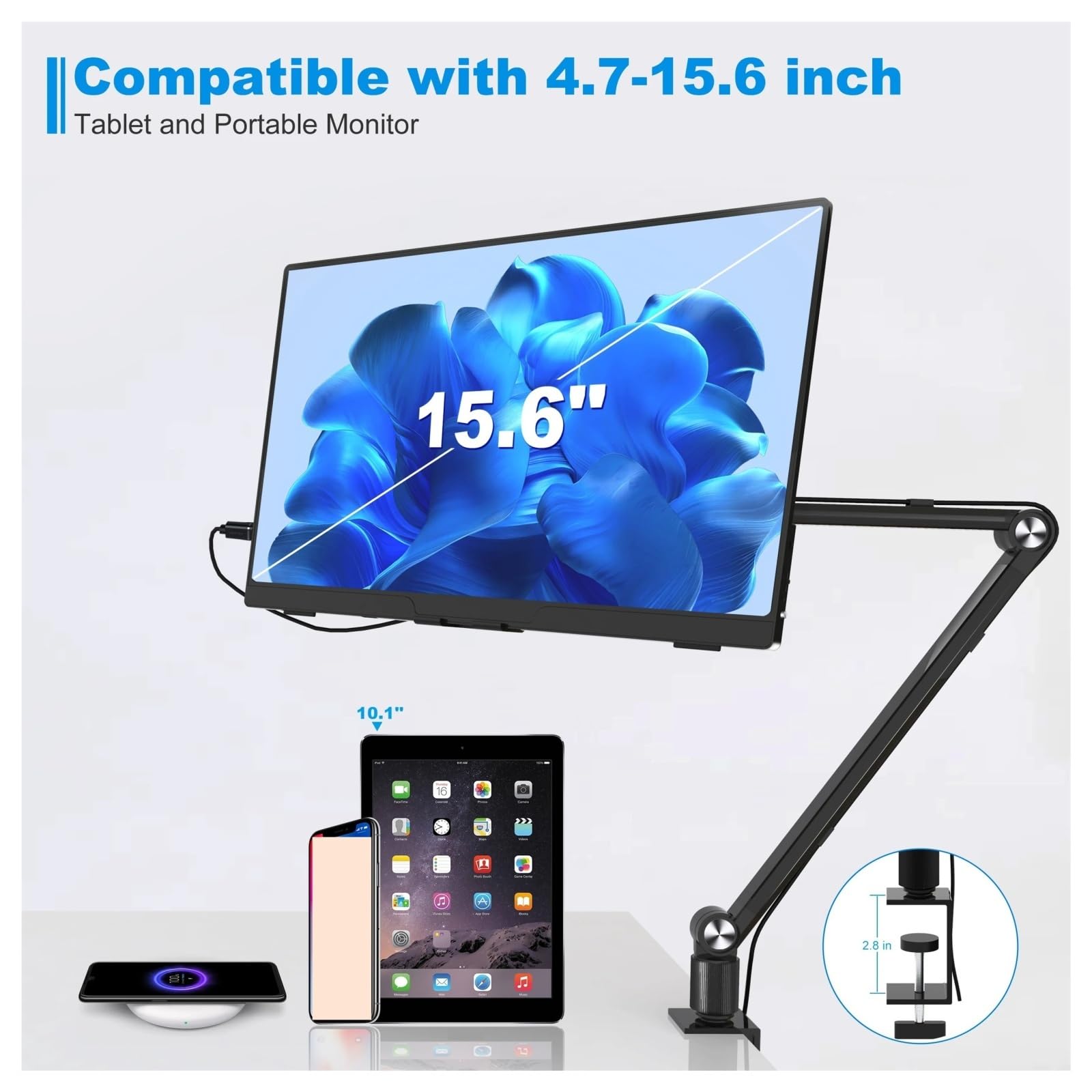 Ramię monitora, Uchwyt do stojaka na tablet, przenośny uchwyt biurko monitora ekranu 15,6'' 16'', aluminiowe długie ramię obrotowe(Wit)