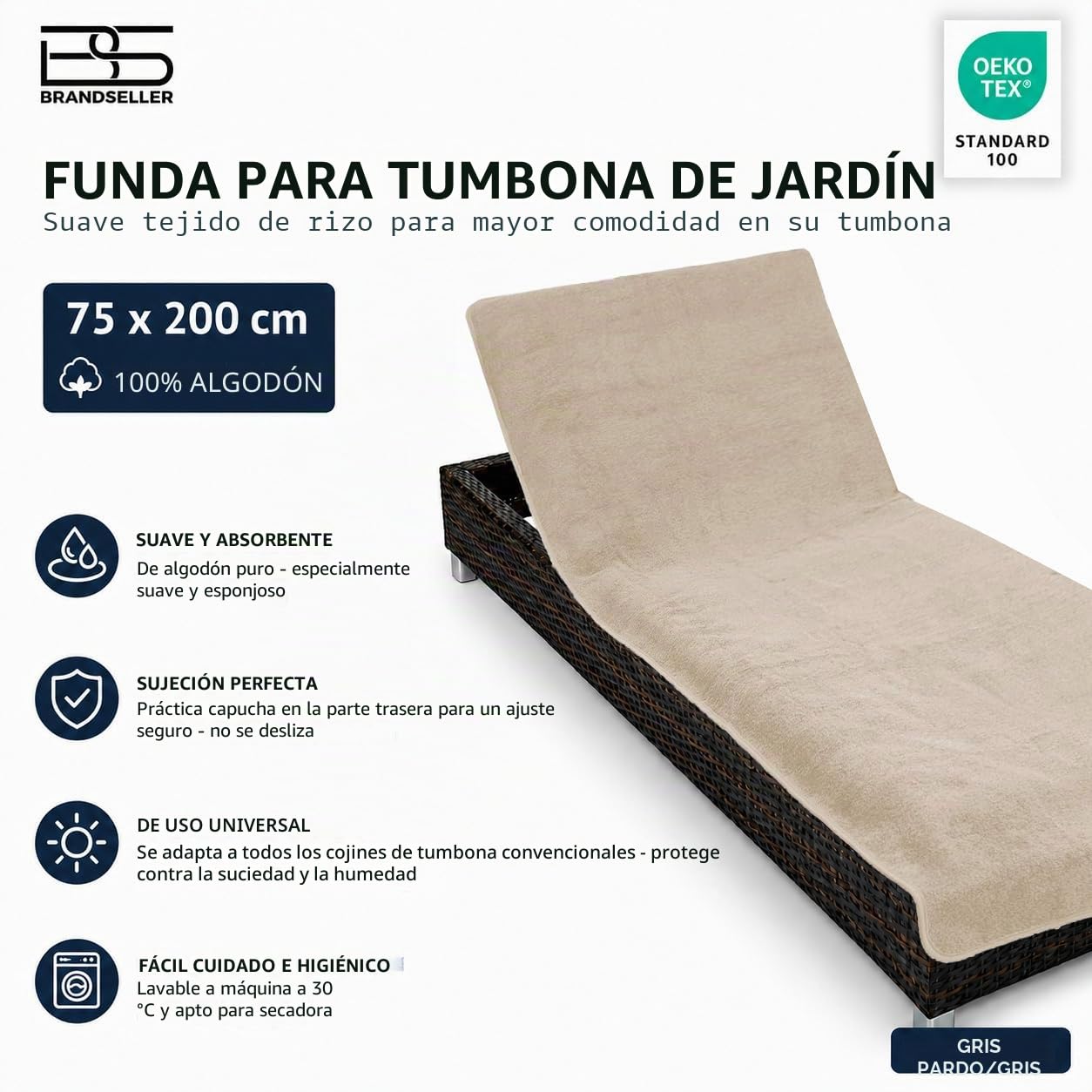Brandsseller Funda de Tumbona 75x200 cm – Funda protectora de Rizo, Toalla de Algodón 100 %, lavable, antideslizante, certificada Öko-Tex – Taupe / Grigio