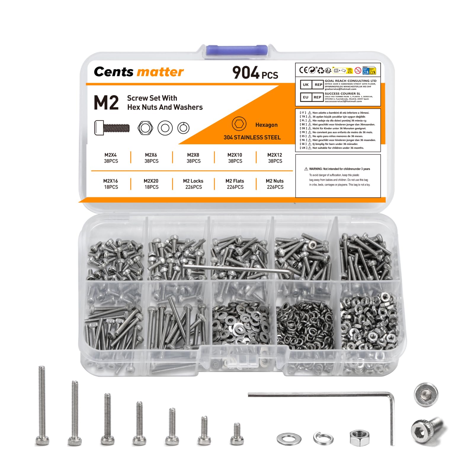 904 Pcs M2 Nuts and Bolts Set, Hex Socket Head Cap Screws Bolts and Nuts Set, Assorted Bolt and Nut Set with Washers, Stainless Steel Machine Screws Assortment Kit for Repair Fastener