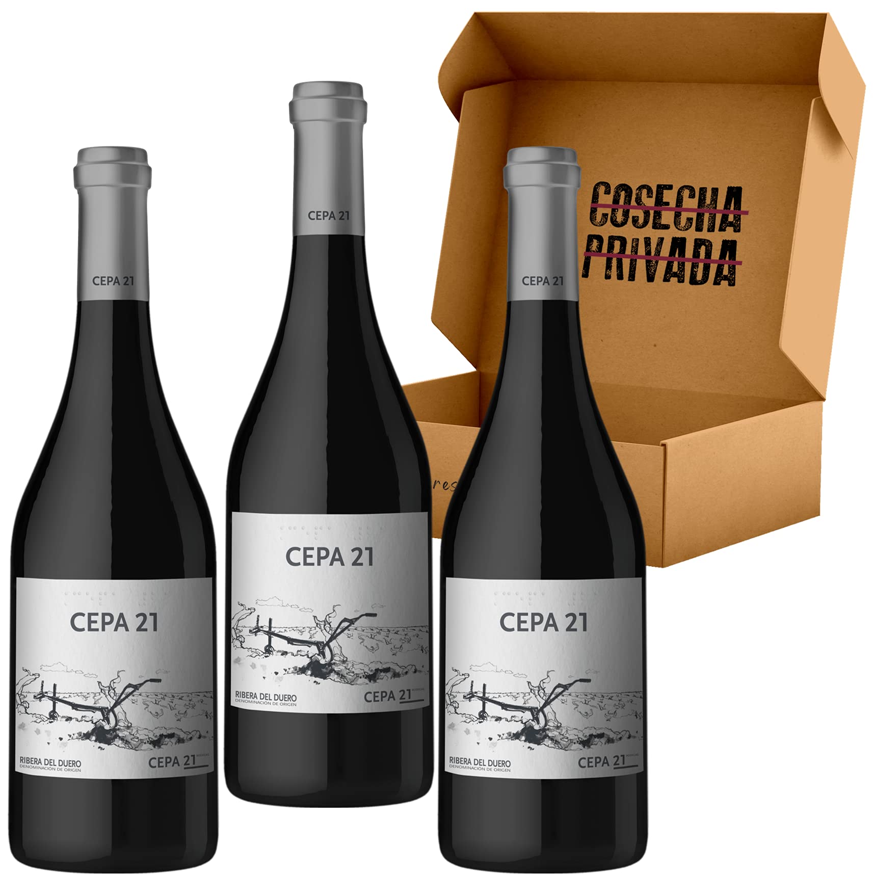 Cepa 21 - Envio 24h - Bodegas Cepa 21 Ribera del Duero - Vino Regalo - Cosecha Privada (3 x Botellas 75 cl, Cepa 21)