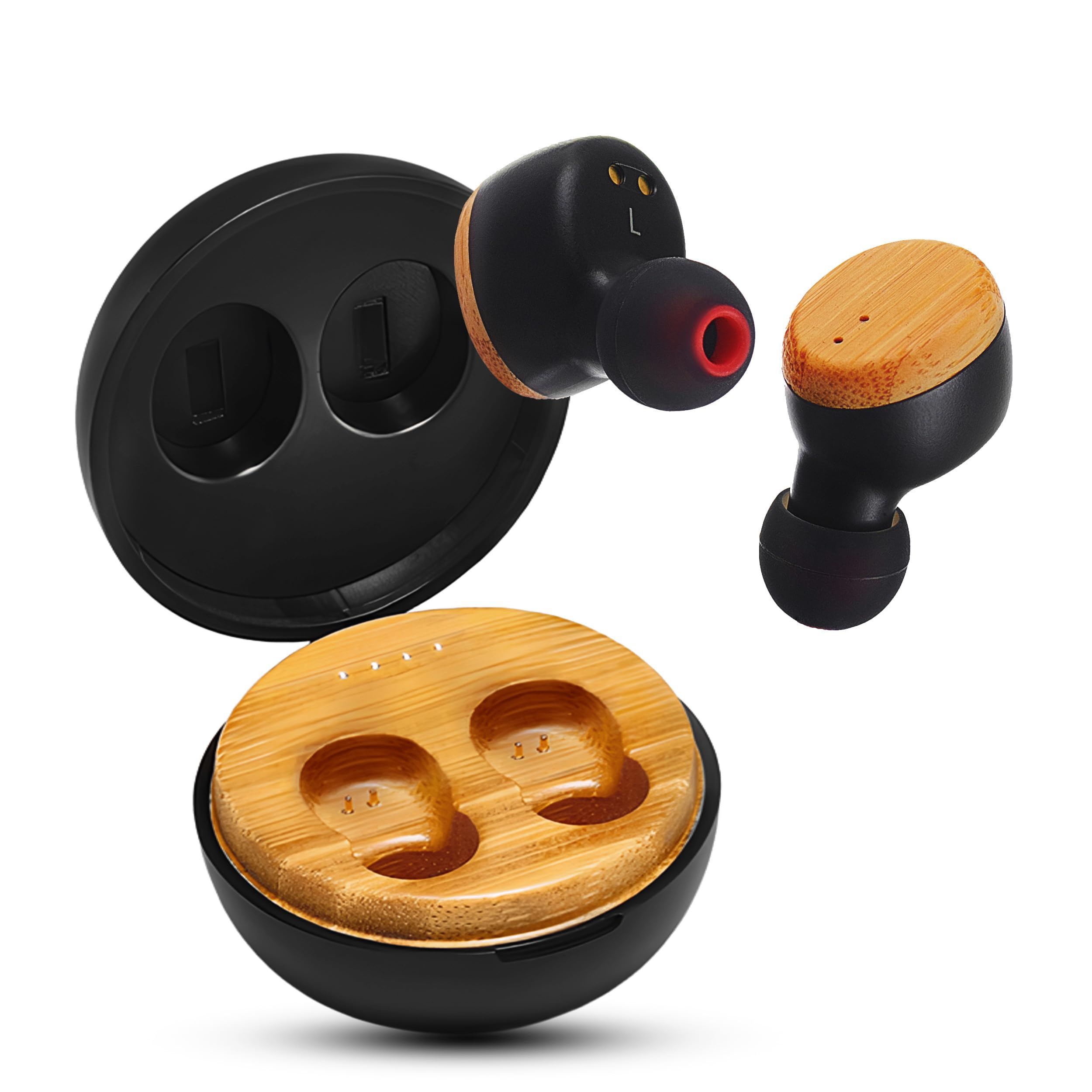 Wooden True Wireless Earbuds Crisp Highs with Deep Bass, 35H Playtime of 3D Sound. Noise Cancelling with Microphone. Fast Charging for iPhone and Android Devices. Bluetooth 5.0
