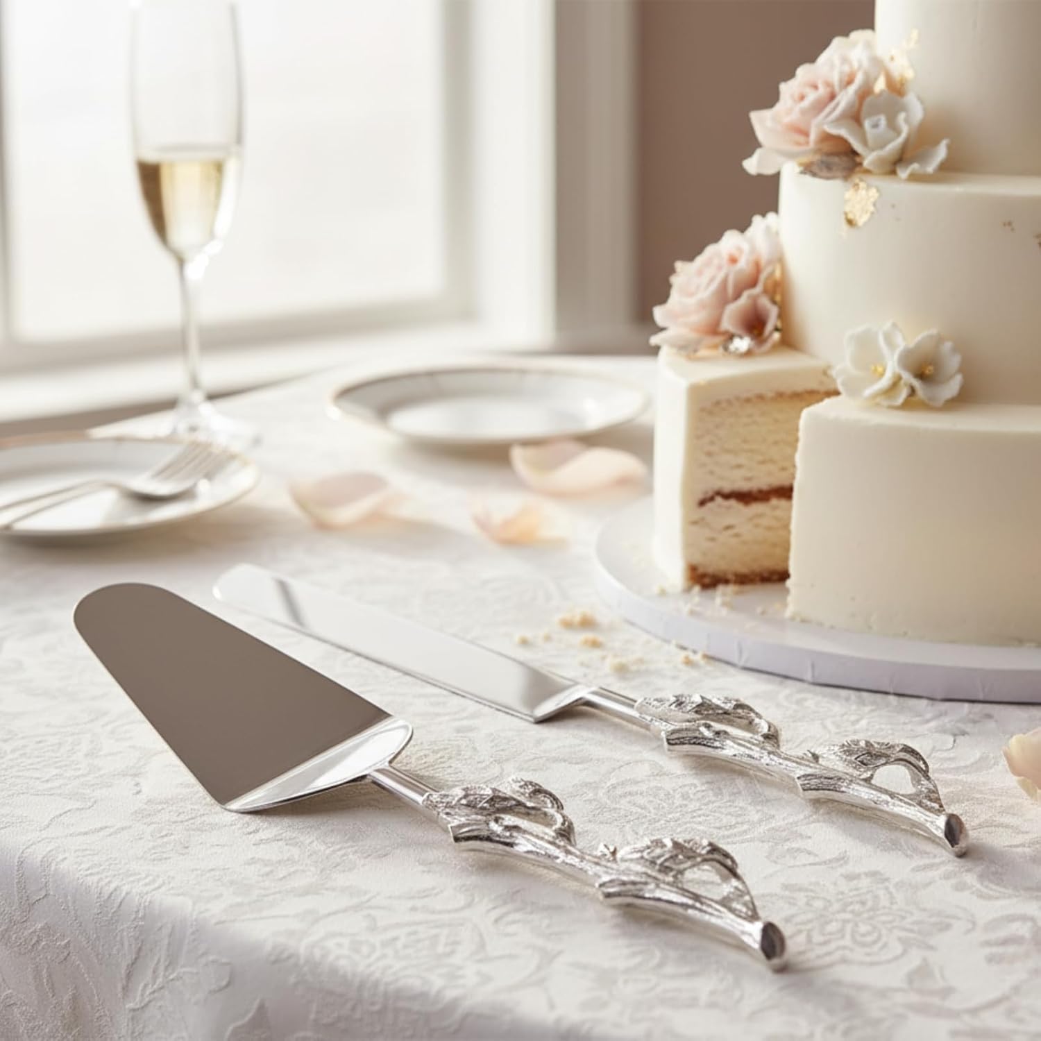 GUTE 2 Piece leaf (twig) Cake Server Cake Knife and Serving Spatula Set Gold Leaf Design, Stainless Steel and Brass Two Tone Ideal for Weddings, Party's, Elegant Events (Gold)